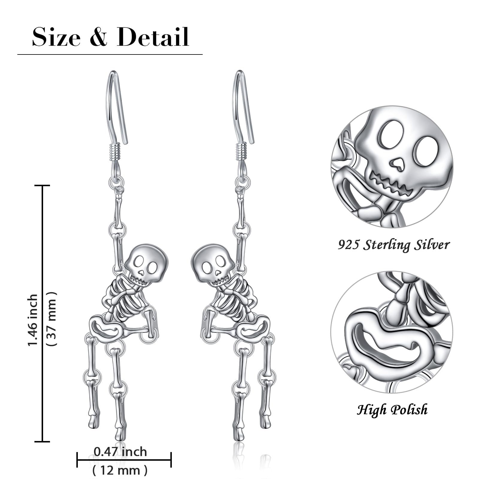 Orecchini a forma di scheletro di Halloween, in argento Sterling 925