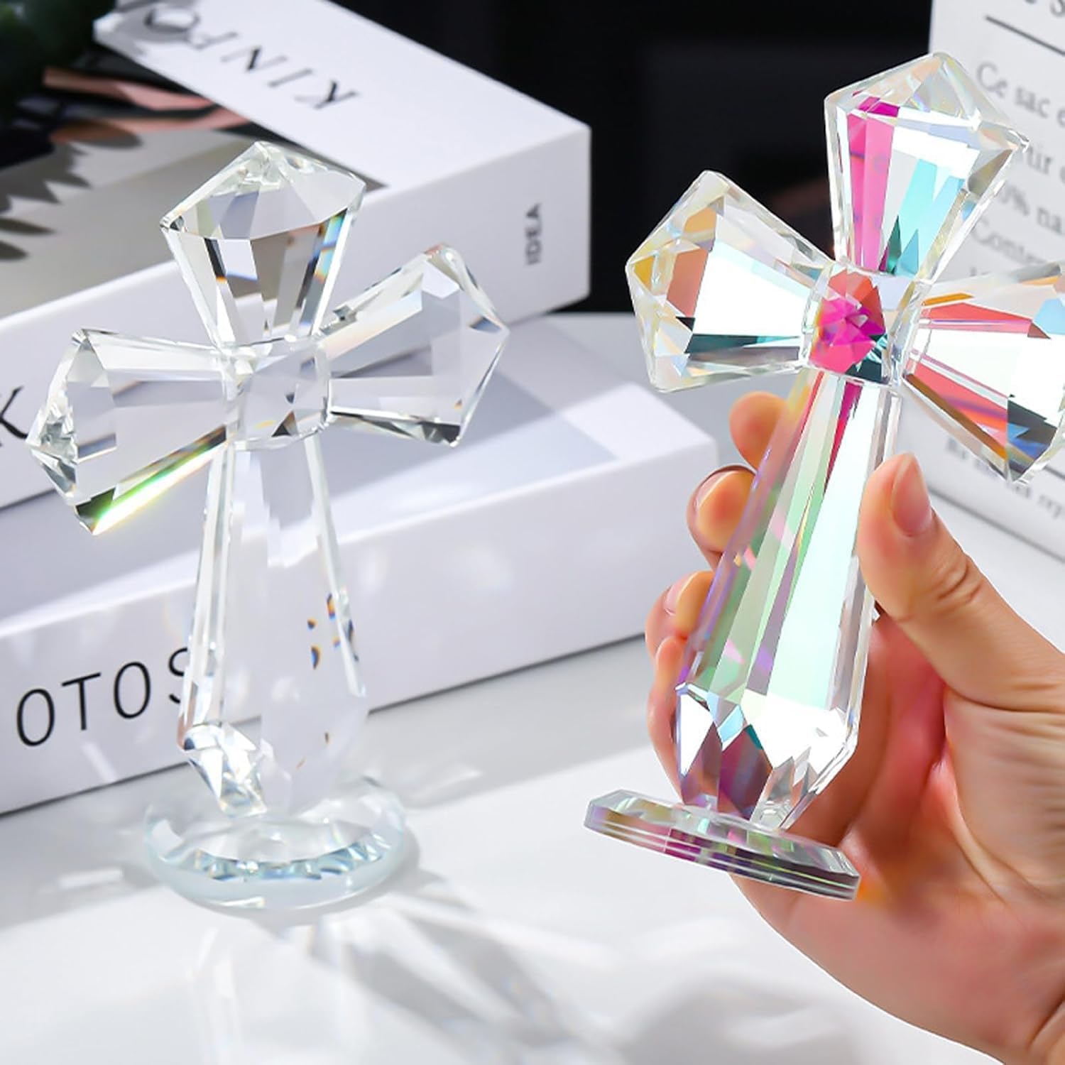 Rotroyce Hand-Carved Crystal Cross Desk Decor - 6 Inch Spiritual Gift for Christians, Clear K9 Crystal Religious Figurine with 360° Faceted Design (Transparent & Multicolored)