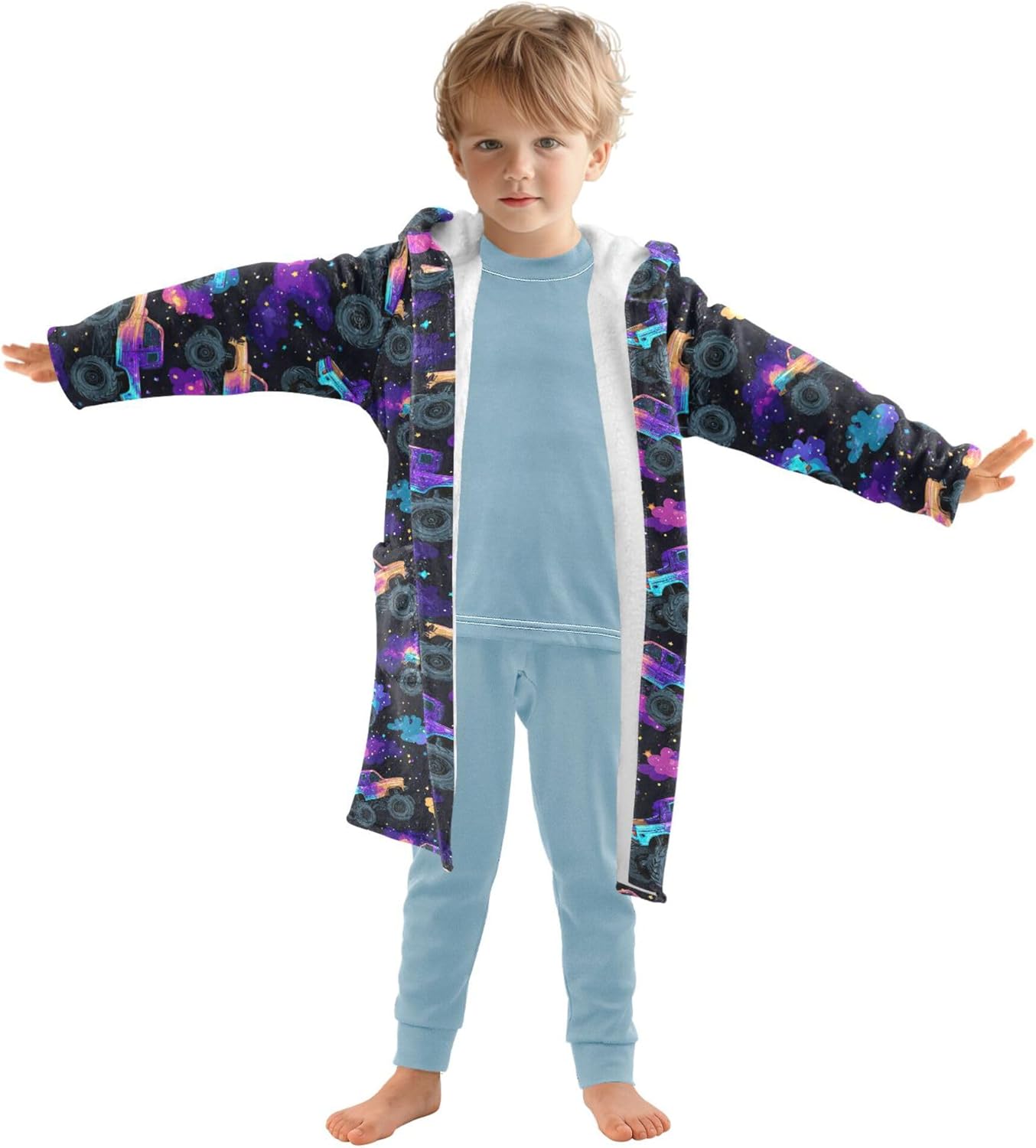 Monster Truck Galaxy Stars Bathrobe Hooded PJ Robe Soft Fleece Robe Pajama Sleepwears 2-12 Years