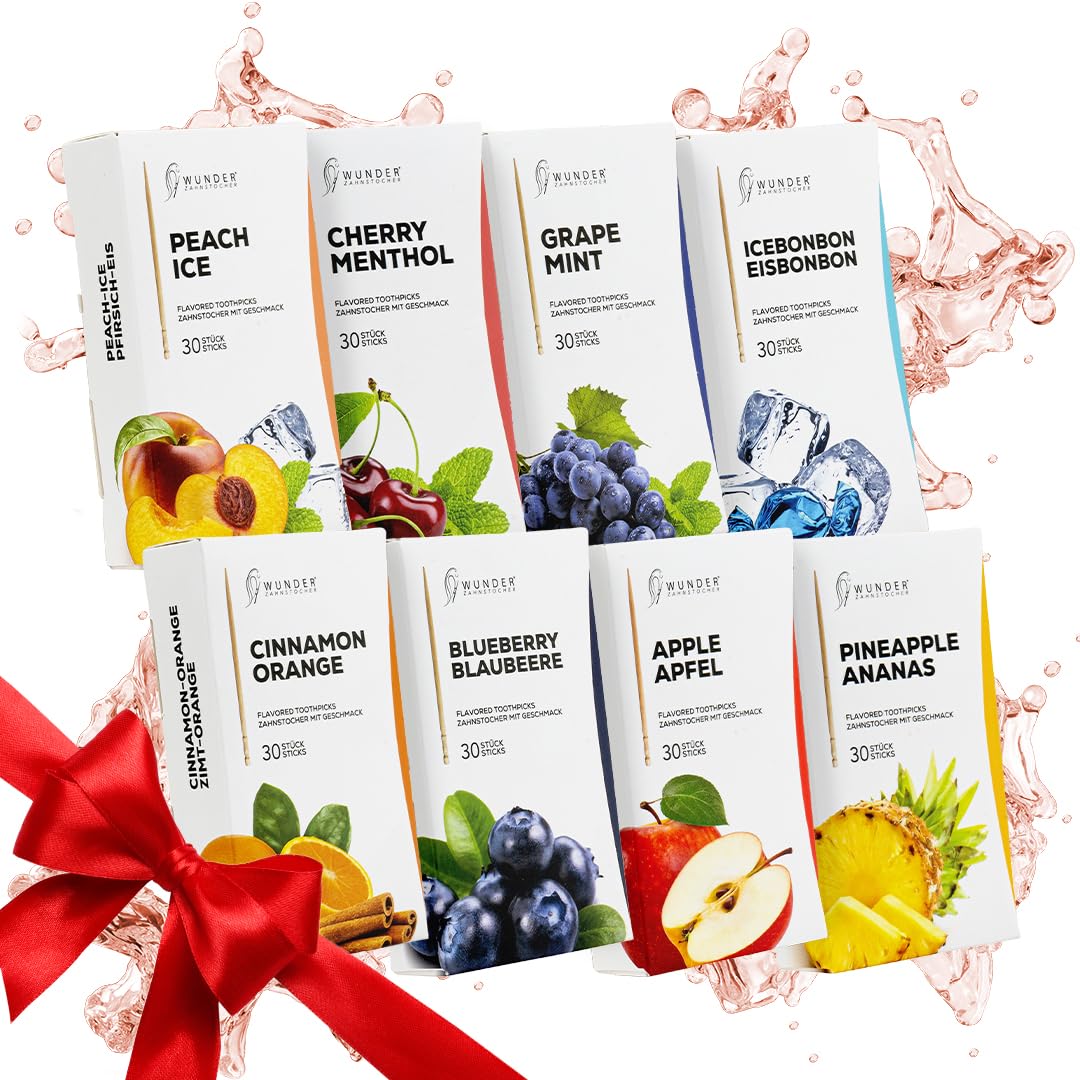Zahnstocher mit Geschmack - XXL 30er Bundle | 8 Sorten Mix - Einzeln verpackt - frischer Atem - gegen Nägelkauen & Mundgeruch - zuckerfrei, vegan
