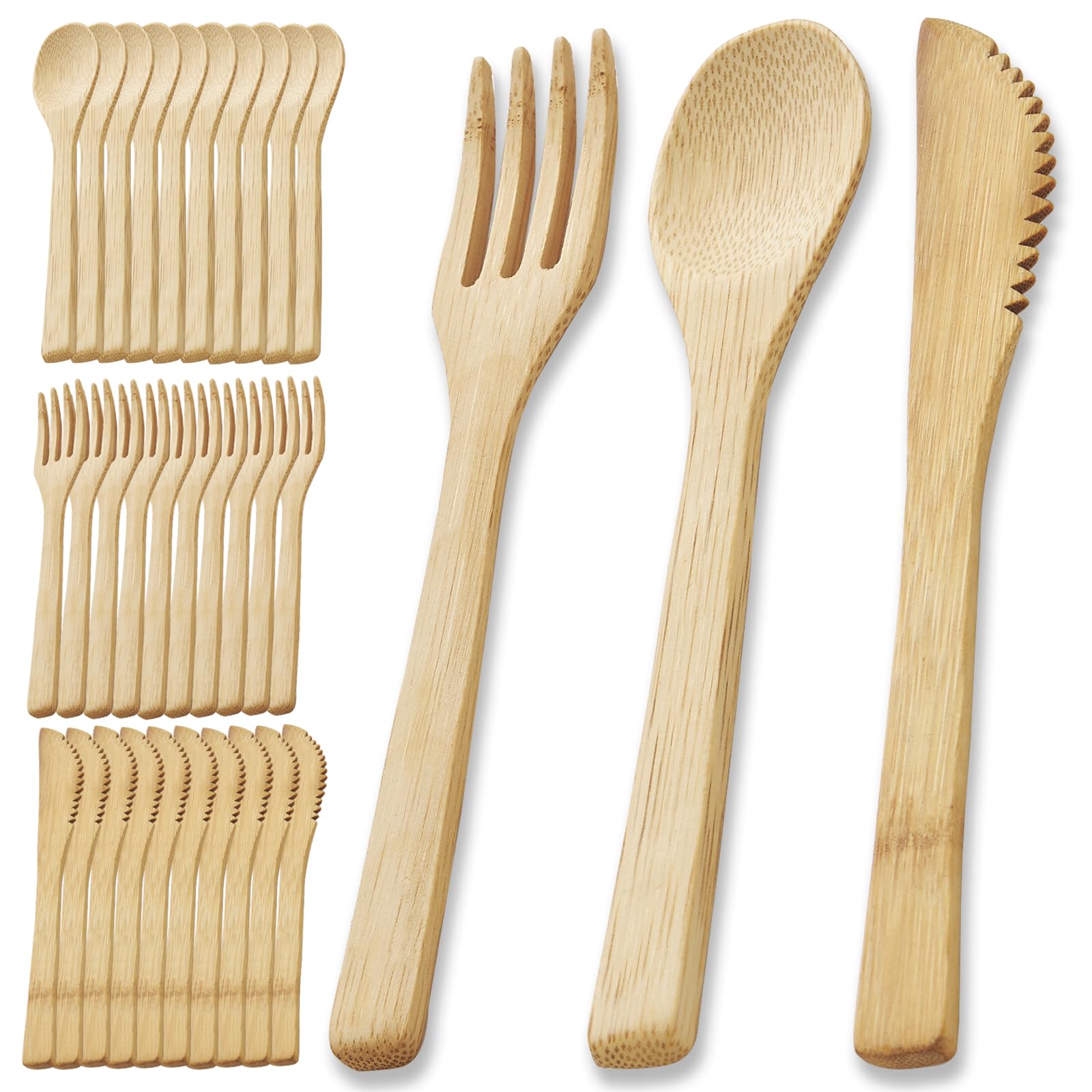 Set di 30 posate in bambù – Set di 10 cucchiai e 10 forchette, in legno riutilizzabile, durevole, smontabile