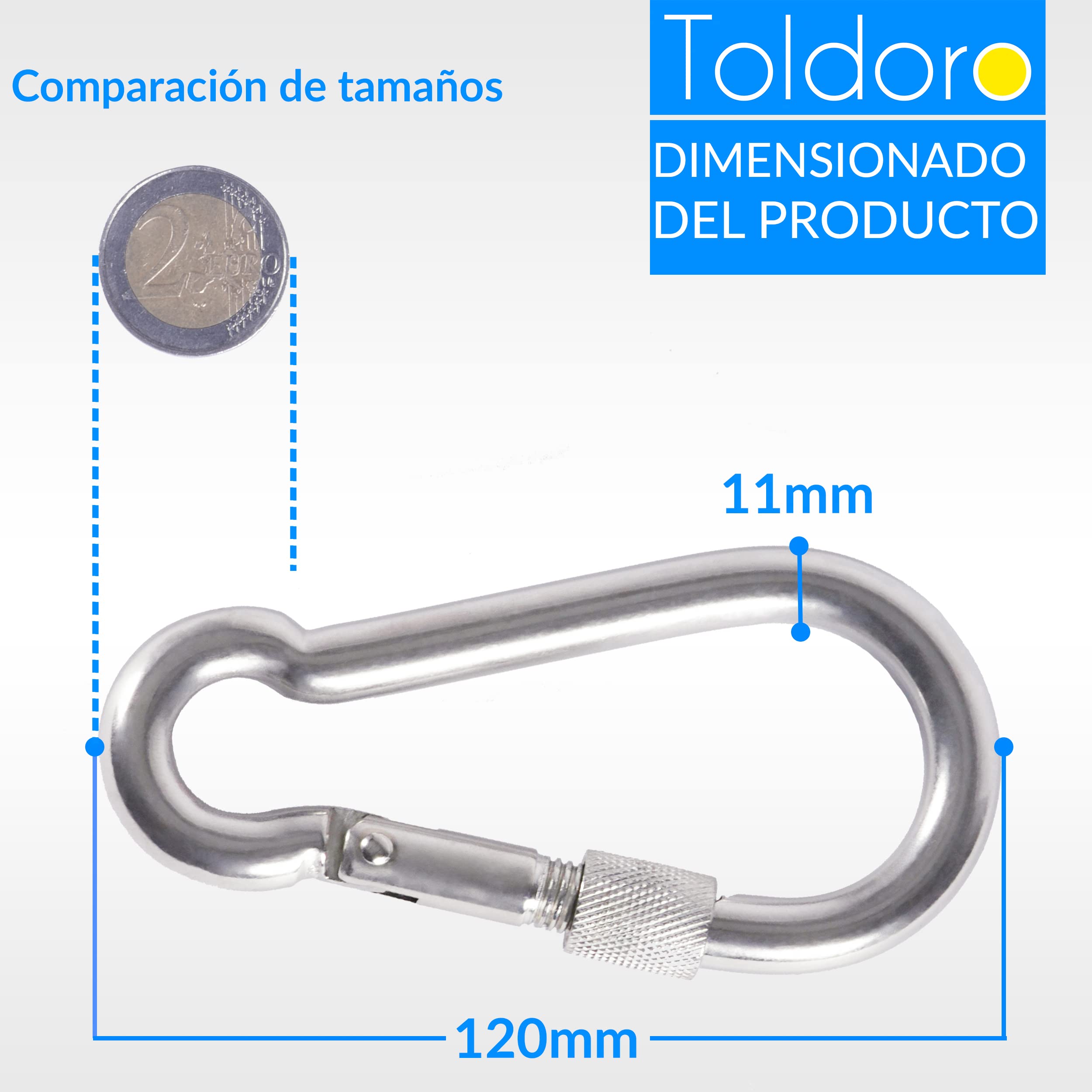 Toldoro Mosquetón de acero inoxidable con cierre de seguridad, mosquetón de 120 mm, mosquetón para fijación, mosquetón de acero inoxidable con cierre