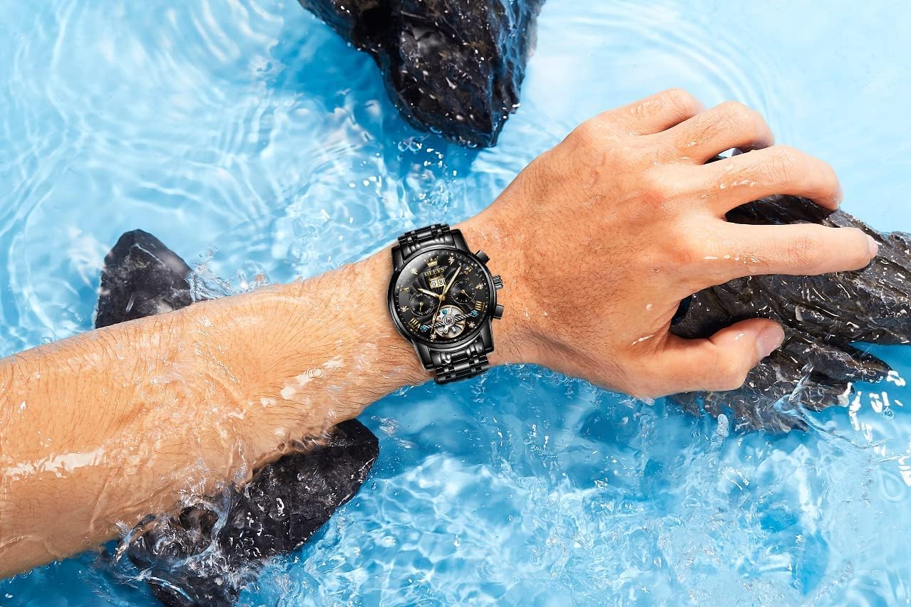 OLEVS Mens Automatic Watches Gold Skeleton Tourbillon Self Winding Mechanical Stainless Steel Waterproof Dress Wristwatch - Image 2