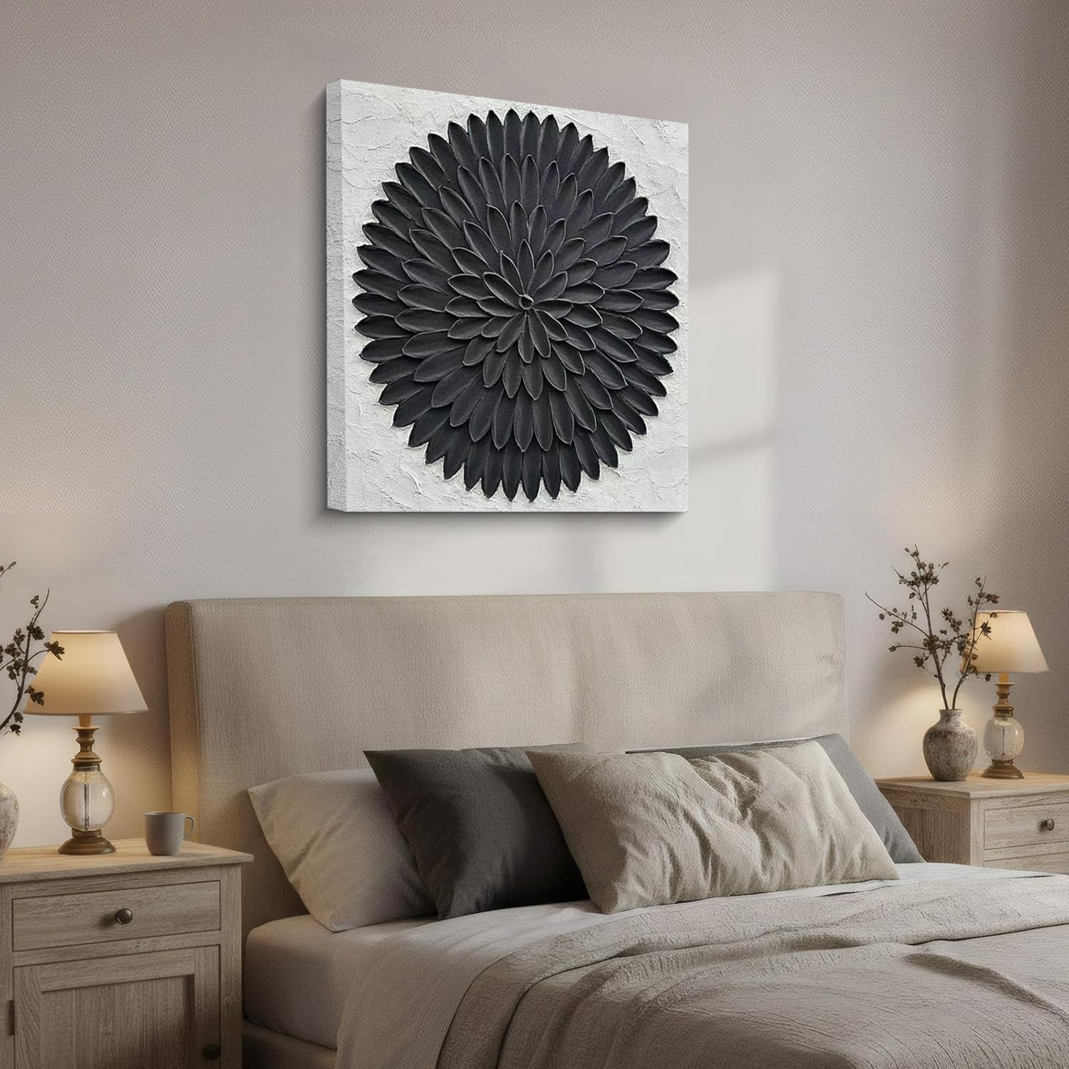 Hand-painted modern minimalist style black and white abstract art with three-dimensional petal texture oil painting Suitable for decoration of living room office corridor and wall 24x24 inches