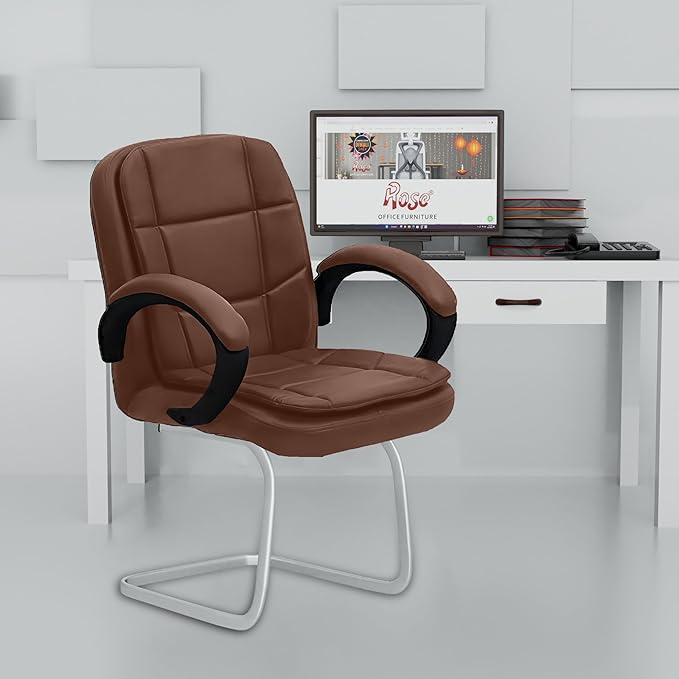 ROSE Oliveya Leatherette Executive Mid Back Fixed Leather Chair with Integrated Lumbar Support, Comfortable Seating for Visitor, Reception, Meeting, and Lounge Use, 1 Year Warranty (Coffee Brown)