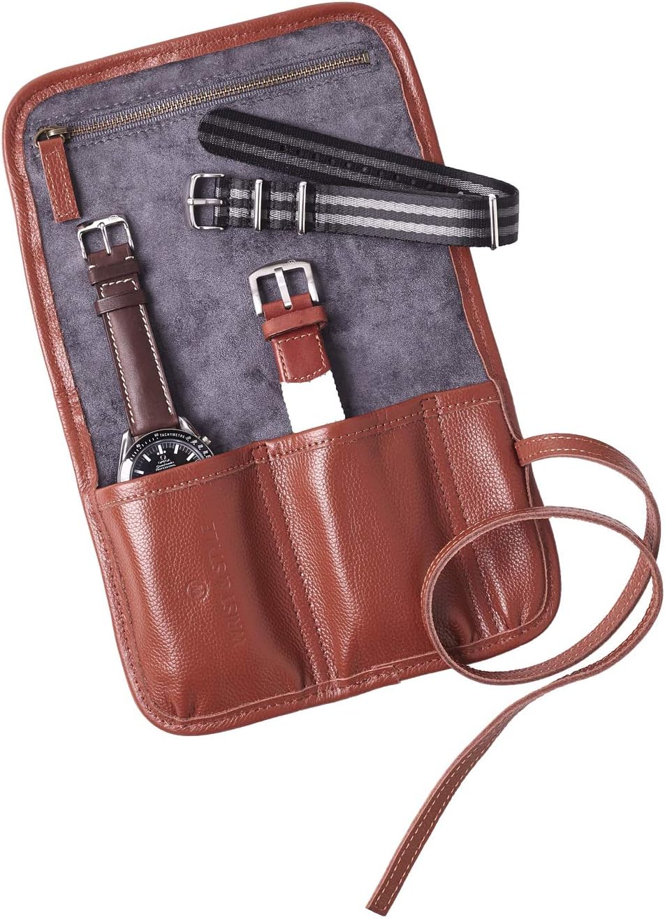 Wrist & Style Leather Watch Roll by W&S for Travel and Storage for Watches: Pockets Securely Hold Watches Straps, Tools and Accessories (2-Slot Brown)
