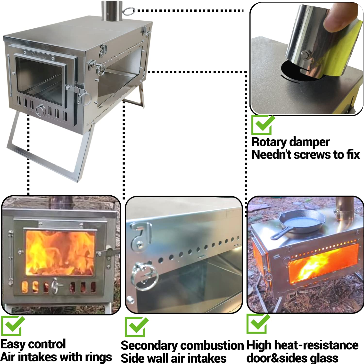 DANCHEL OUTDOOR SSG Tiny Folding Hot Tent Wood Stove with Side Glass,  Portable Stainless Steel Wood Stove with 7.2ft Chimney for Backpacking  Winter Camping, Hunting, Easy Cooking : Amazon.co.uk: Sports u0026 Outdoors