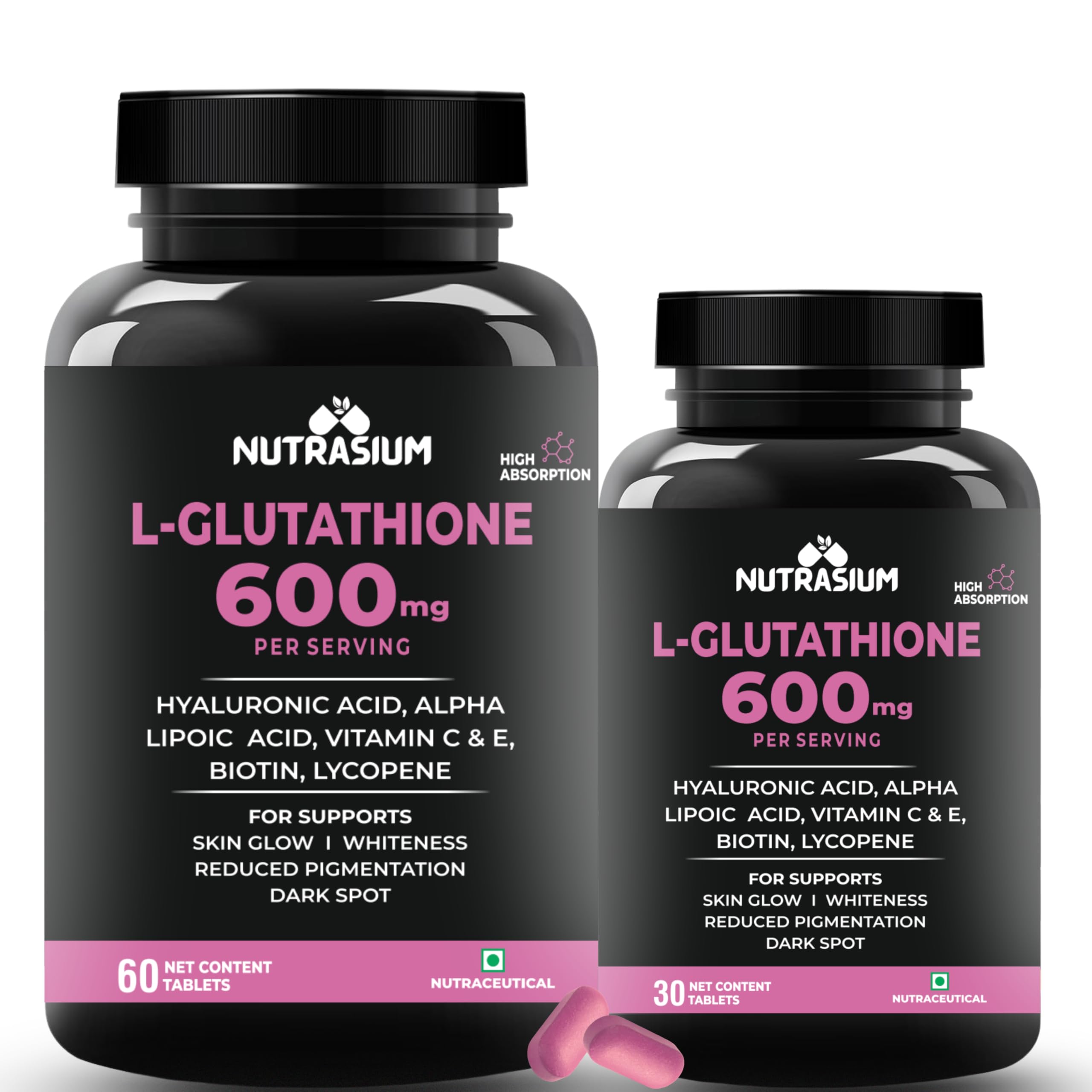 Nutrasium L-Glutathione 600 mg with Hyaluronic Acid & Biotin | For Skin  Glow, Hydration, Dark spot & Skin Radiance