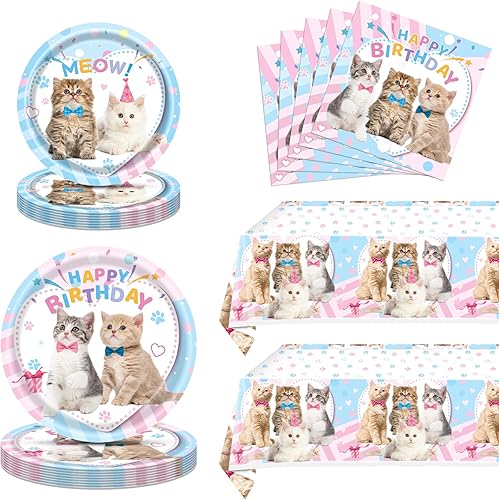 Suministros para fiesta de cumpleaños de gato, 62 piezas de decoración de fiesta de gato y juego de vajilla - Decoración de fiesta de cumpleaños de