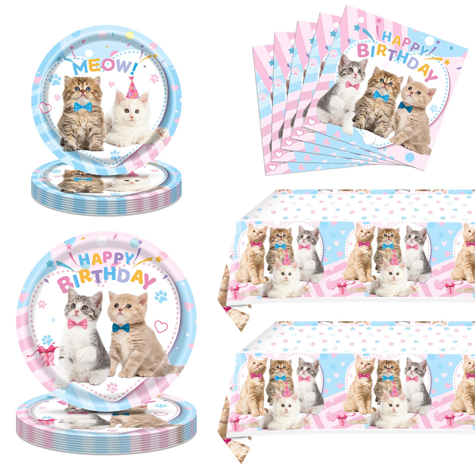 Cat Birthday Party Supplies,62pcs Cat Party Decorations&Tableware Set-Kitten Birthday Party Decorations Dinner Plates Dessert Plates Napkins Tablecloth etc Cat Themed Birthday Party Supplies