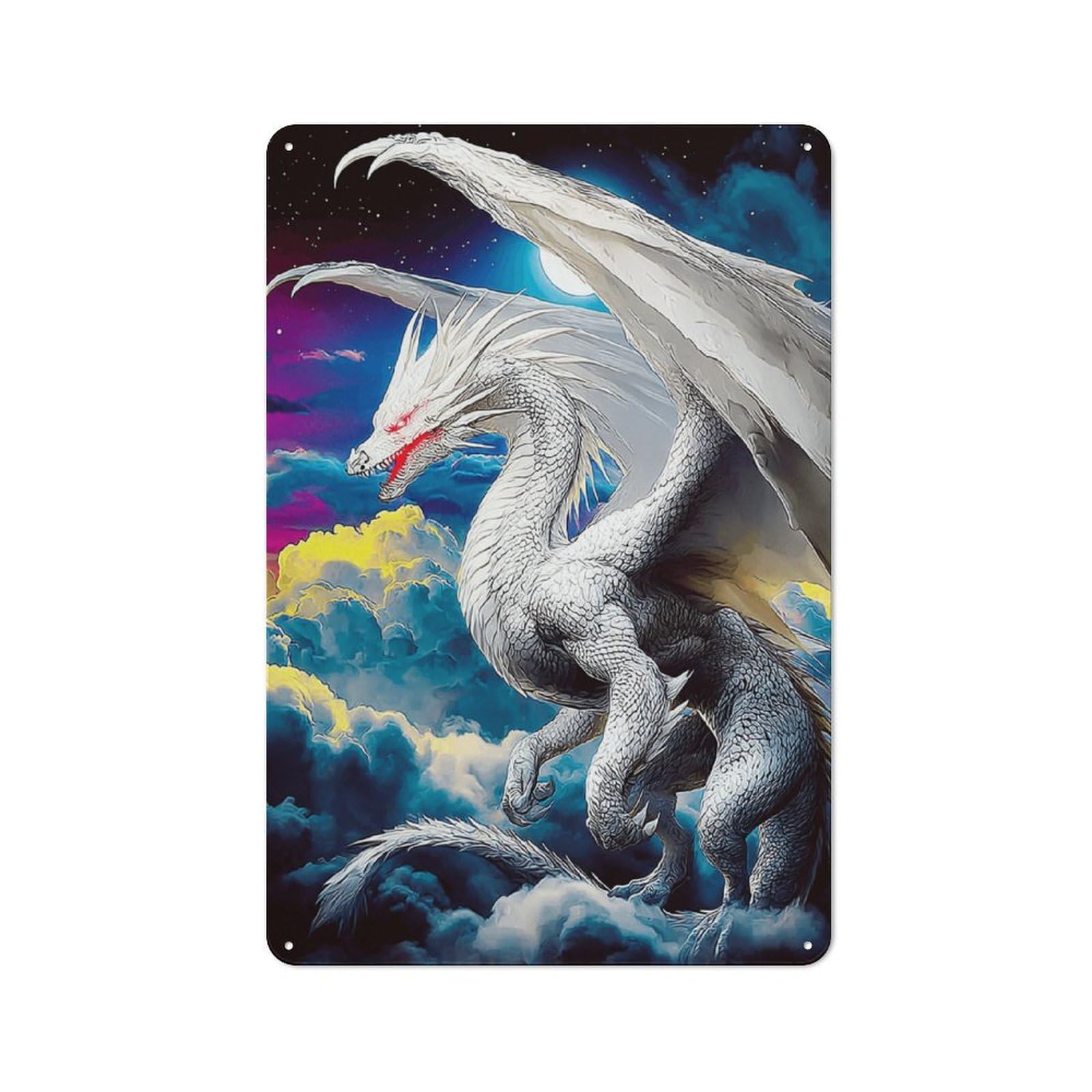 Junmoney White Dragon Soaring In The Sky Metal Sign 30X20cm With For Workshop Wall, Rustic Decor, Wall Decoration For Workshops And Hobby Rooms