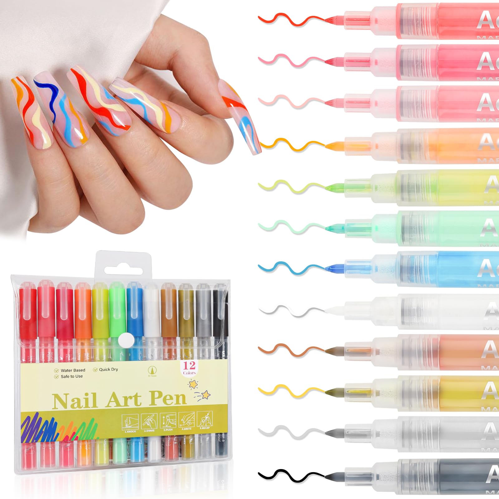 EBANKU 12 Colors Nail Art Pens Set Nail Polish Pens Quick Drying 0.7MM 3D Acrylic Paint Pens Clear Handle Point Liner Pen Drawing Painting Tool for