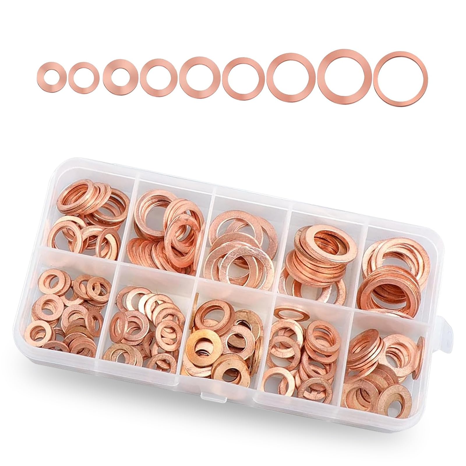 Pack-200 Automotive Copper Flat Washer Assortment Set, M5 M6 M8 M10 M12 M14 9 Specification Sealing Washers, Multi-Purpose Oil Pan Gasket Replacement, Universal for Cars and Trucks (Gold)