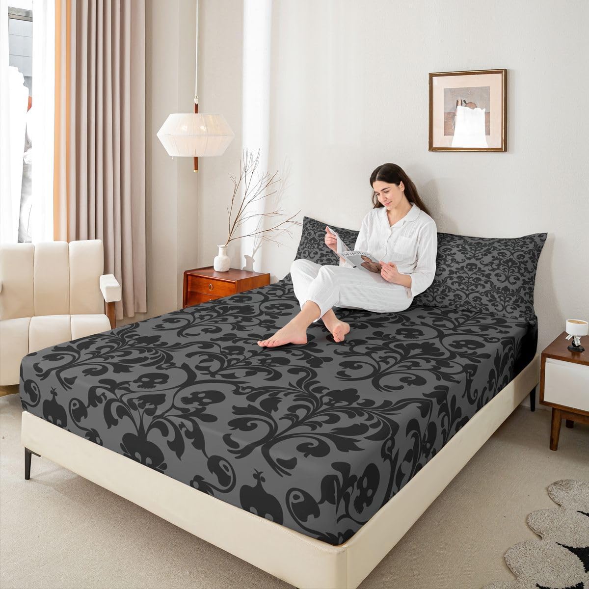 Gothic Damask Kids Fitted Sheet Twin Size (No Flat),Gothic Vine Print Skull Bedding Sets 2Pcs for Girls Teens Room Decor,Halloween Bed Sheets Black Grey Deep Pocket Sheet,1 Pillowcase