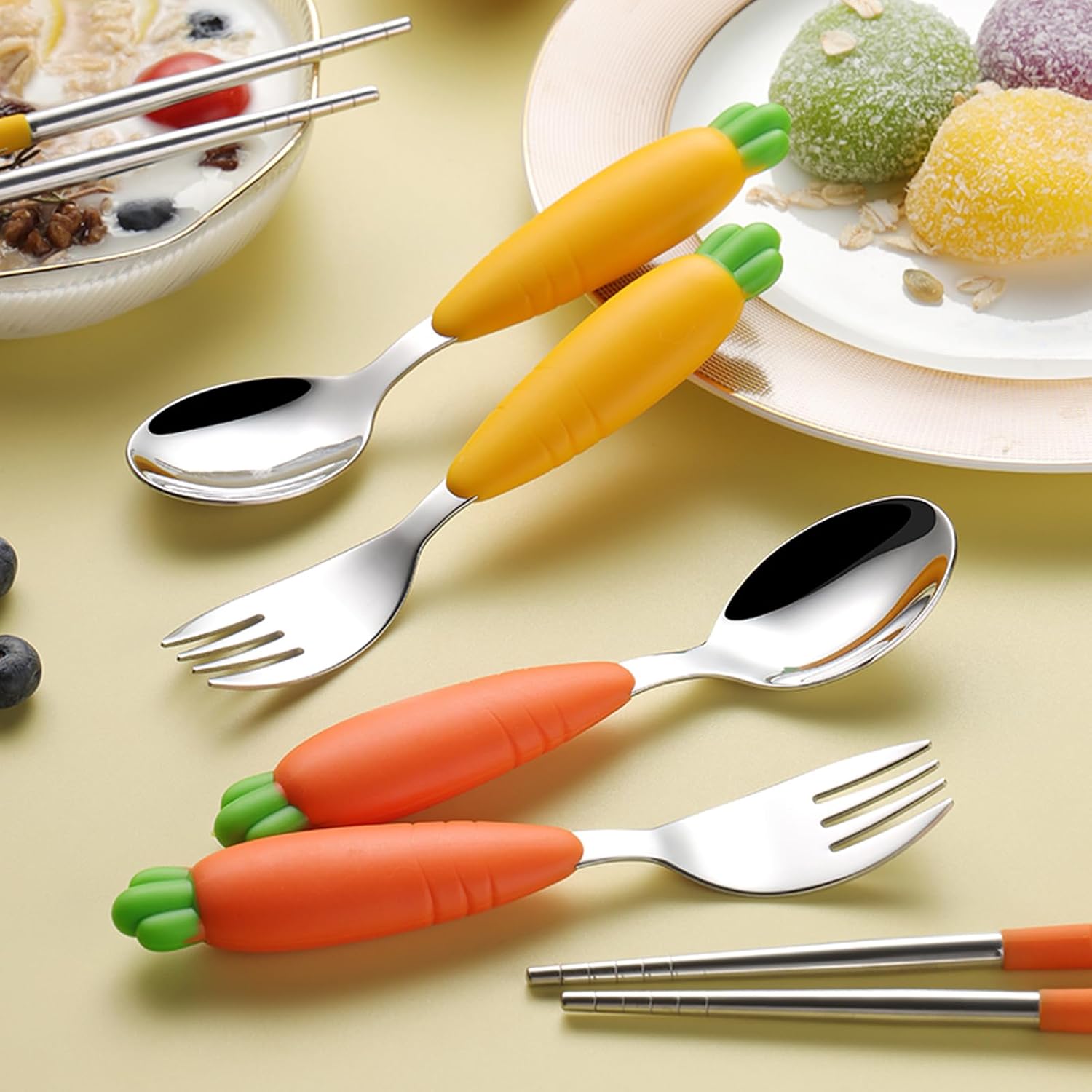 Baby Toddler Fork and Spoon Utensil Set, 4 Pack Silicone Stainless Steel Spoon Fork for Babies Toddler (Carrot Set)