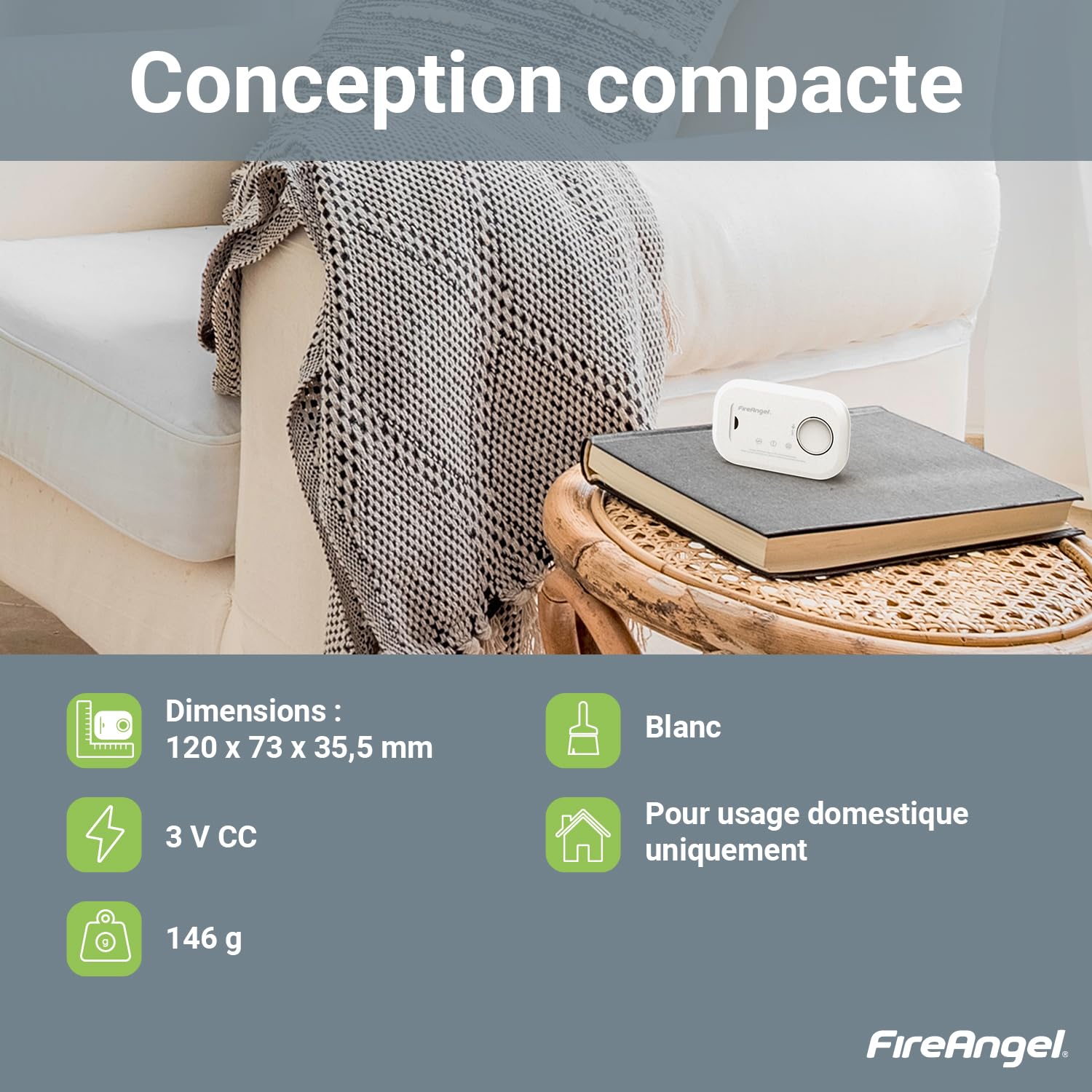 FireAngel FA6813-EU-T2 Détecteur de Monoxyde de Carbone CO, Capteur de Monoxyde de Carbone, Lot de 2 Détecteurs de CO et Alarme Portable, avec Piles, Bouton de Test