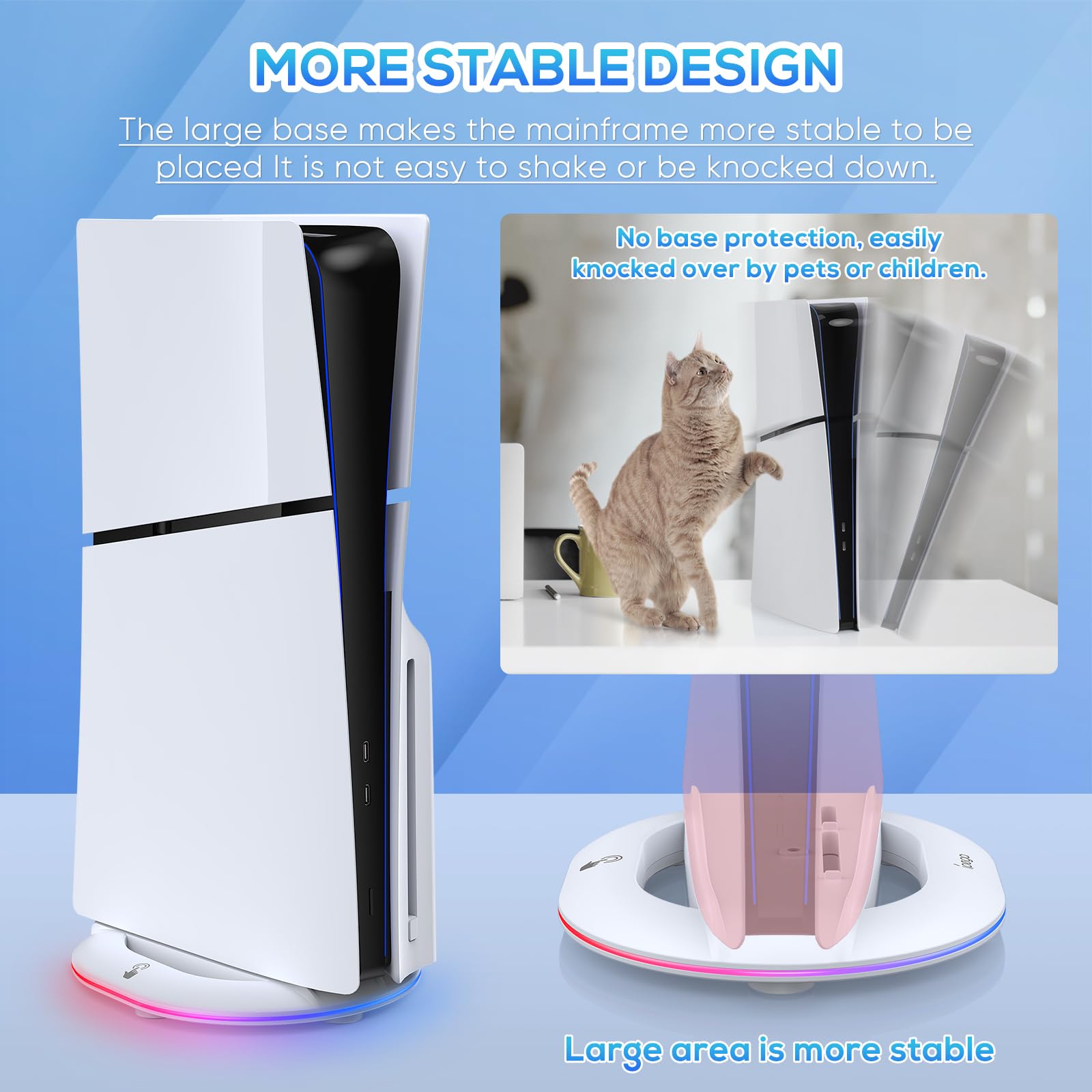 Auarte RGB Standfuß für PS5 Slim, Vertikaler PS5 Slim Ständer für Playstation 5 Slim Disc & Digital Edition Konsole, 2 USB Hub, 14 Lichteffekte