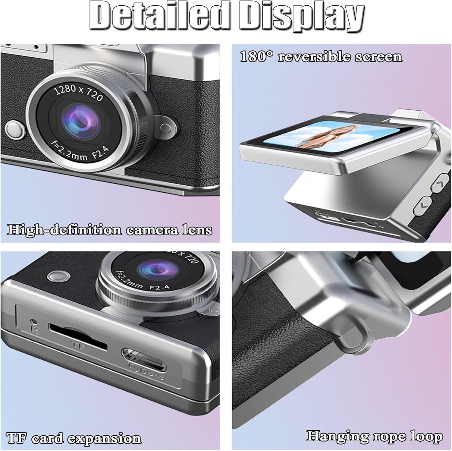 1.47" LCD Flip Screen Retro Keychain Camera, 32GB Card, Built-in Flash & Strap, Portable Camera for Travel, Concerts, Students