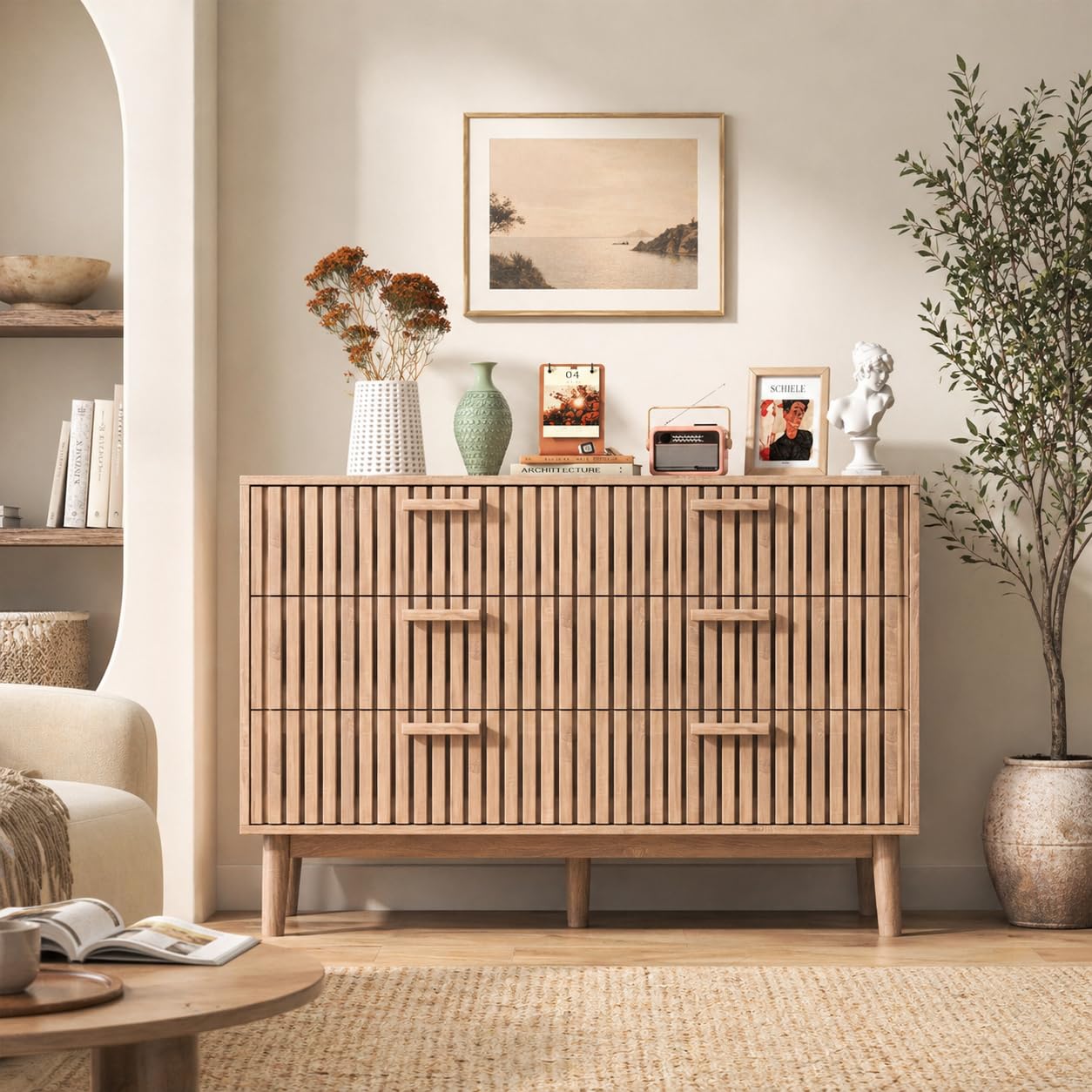 Cómoda con 6 cajones, 100 x 34 x 73 cm, aparador de Madera, Mueble con cajones de Gran Capacidad para salón, Dormitorio, diseño Lineal (Color de Madera Natural, Seis cajones)