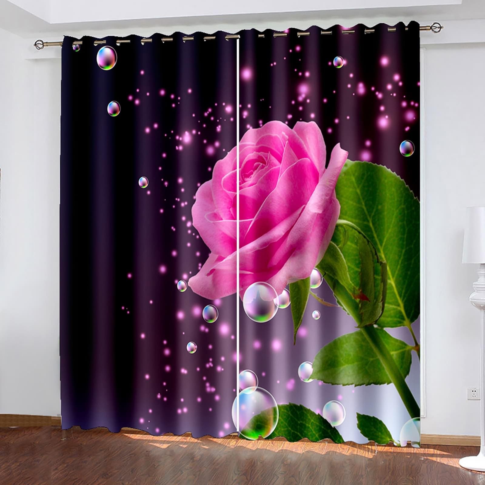 Verdunklungsvorhänge mit Ösen, 244x229cm Grün Rosa Dunkelviolett Rosa Rose und Wassertropfen Vorhang für Wohnzimmer/Schlafzimmer