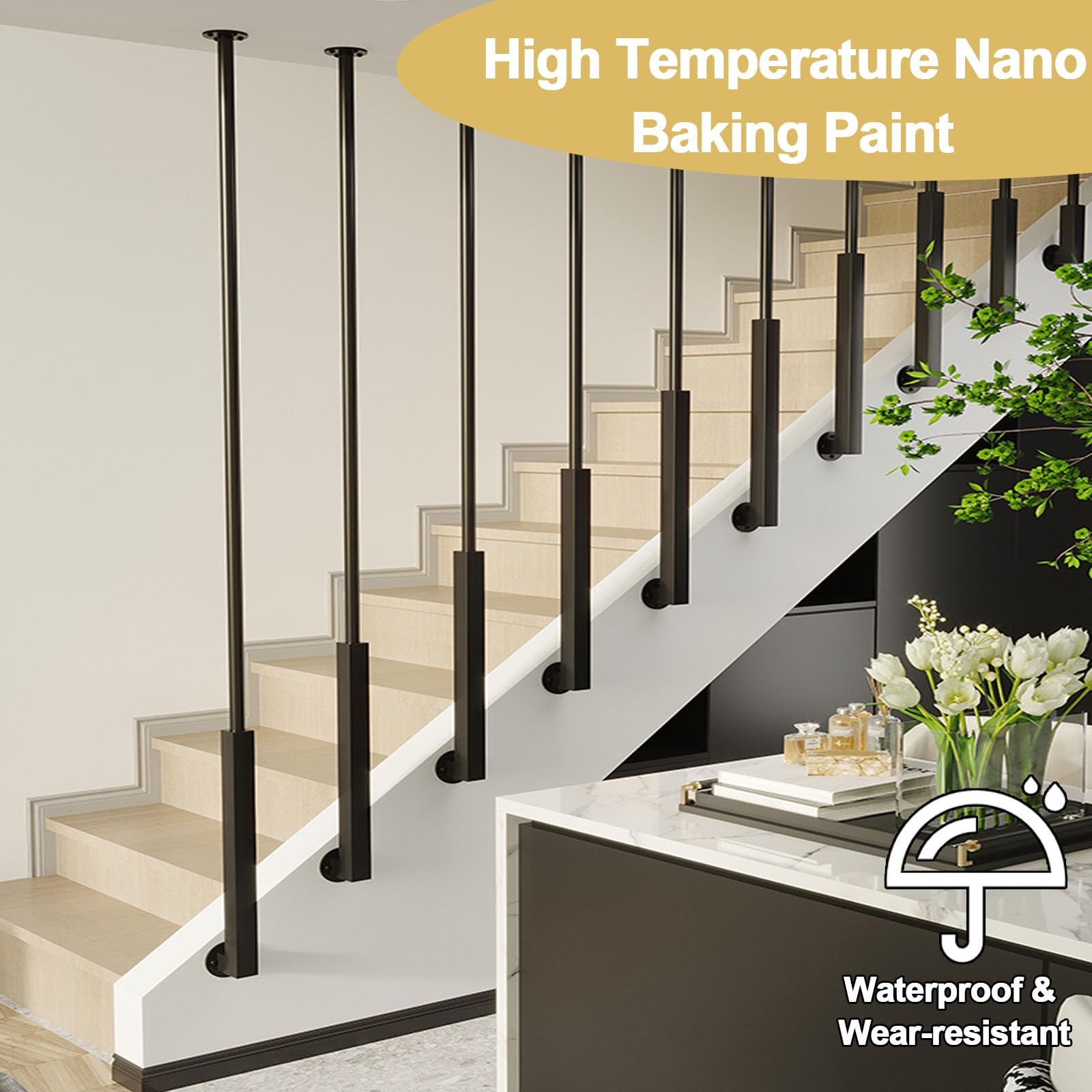 Ringhiera Per Scale Ringhiera Per Scale Con Balaustre A Montaggio Laterale Con Viti, Ringhiera Nera Preassemblata, Ringhiera Per Scale In Metallo Per Interni Con Sicurezza Antiscivolo(96"/243.84cm)