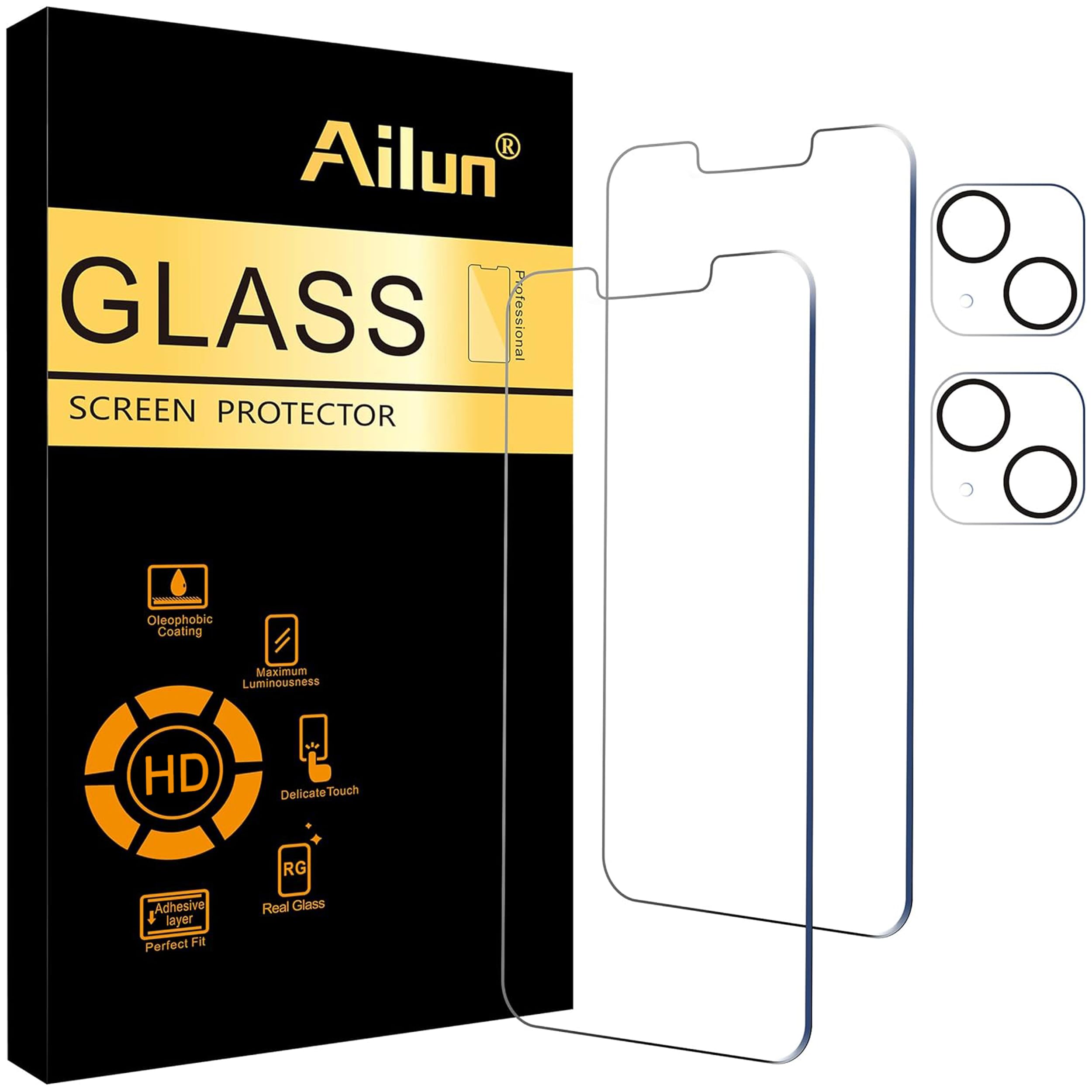 Ailun Screen Protector + Camera Lens Protector for iPhone 13, 2+2 Pack | 6.1 inch, Tempered Glass, HD
