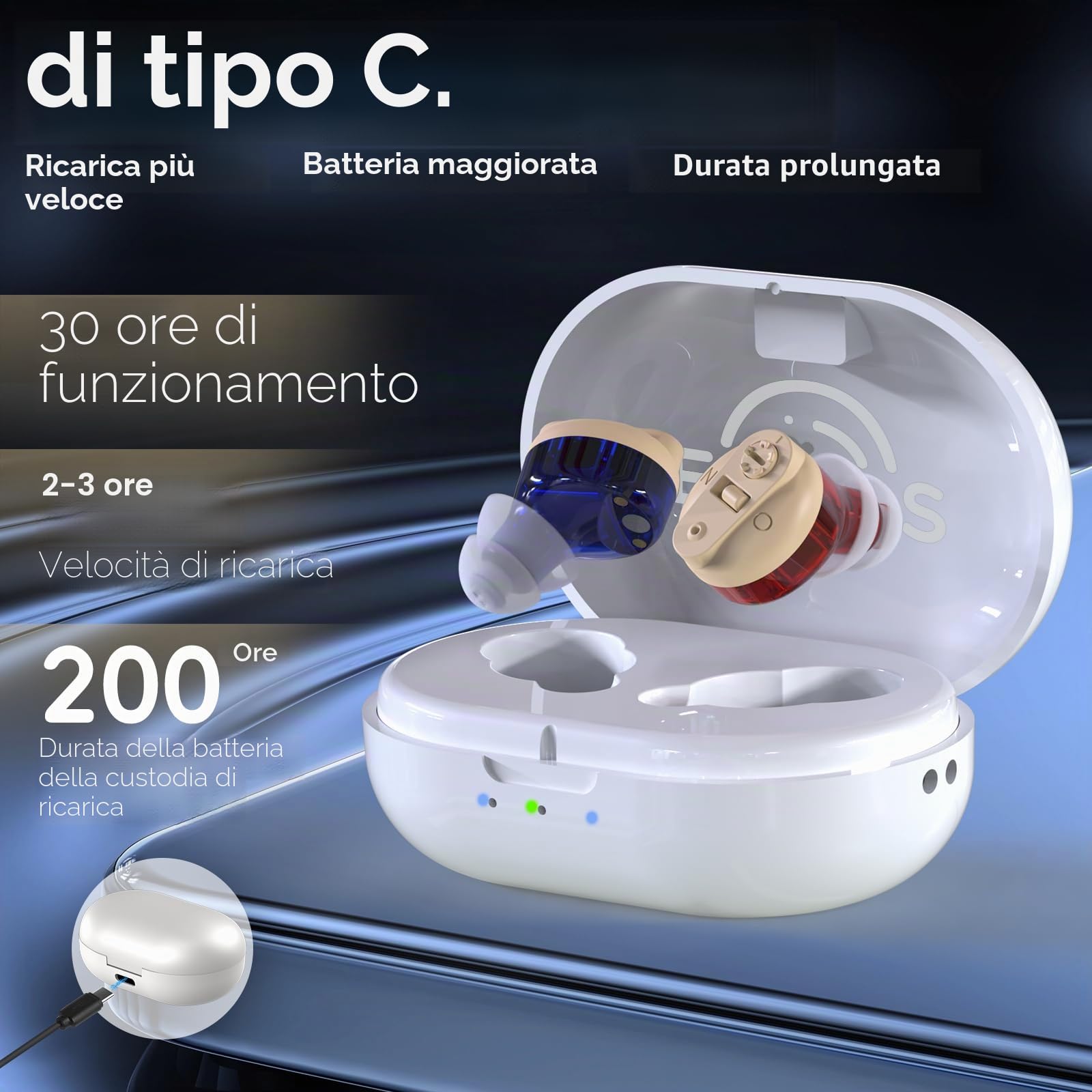 Apparecchi acustici per anziani, ricaricabili, guadagno sonoro di 30±5dB, amplificatori acustici di backup di 300 ore