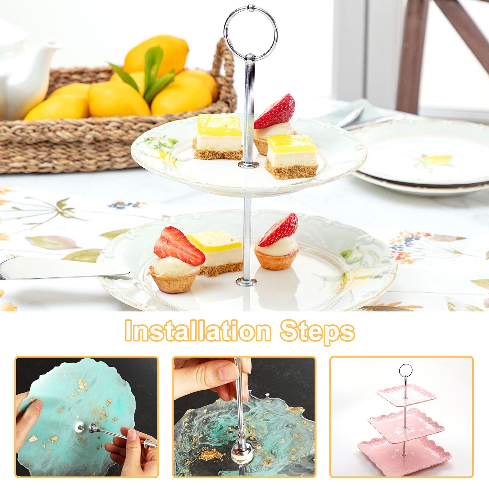 Nsiwem Kit Tiges Support Gâteau 2/3 Niveaux – Barre Métal Argent Pour Présentoir DIY Mariage, Anniversaire, Cupcakes Et Desserts Élégants