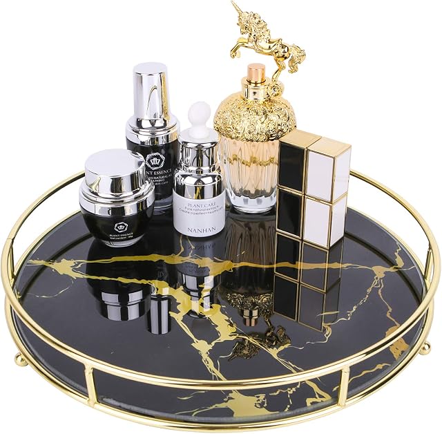 Simmer Stone Makeup Organizer Tray, Decorative Glass Vanity Tray for Perfume, Jewelry and Décor, Round Cosmetic Storage for Dresser, Countertop, Bathroom and More, Golden Black Marbling