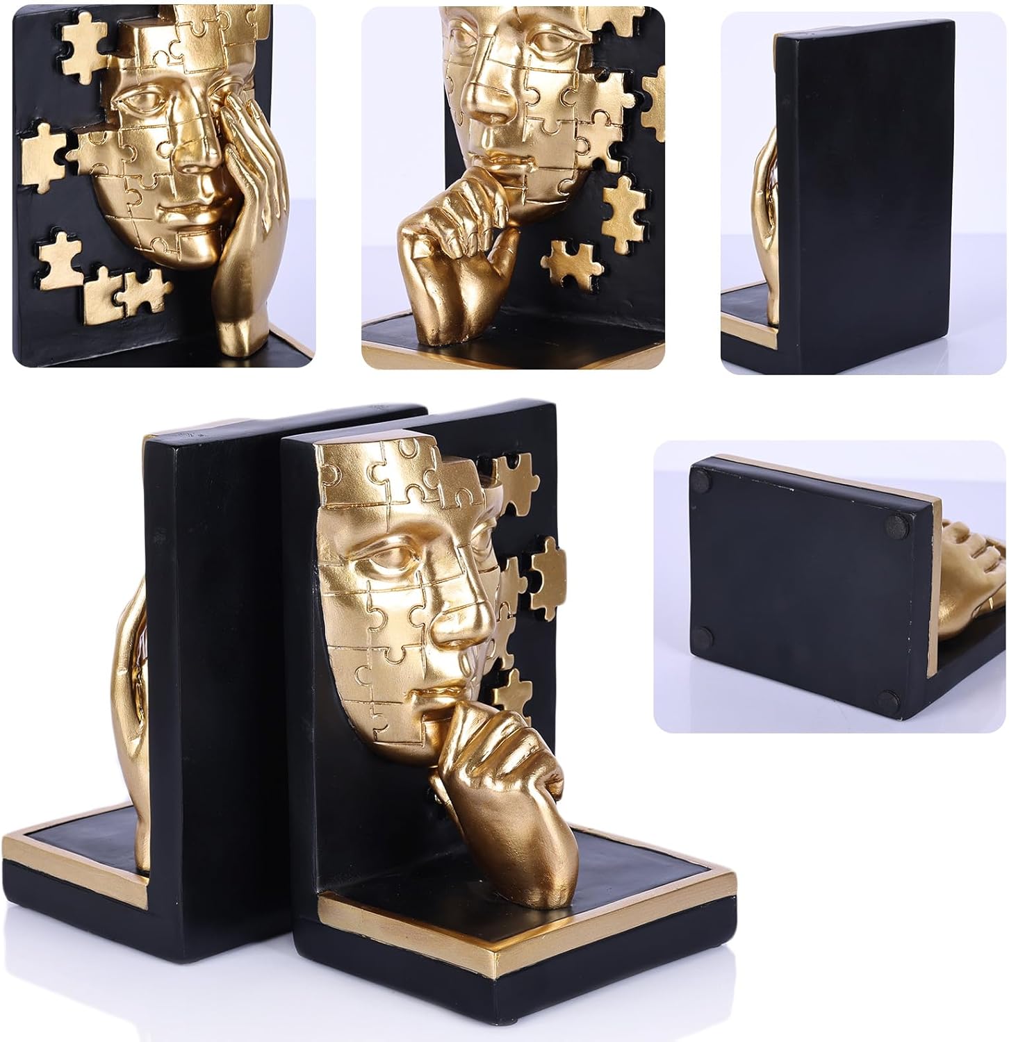 Gold Abstract Face Bookends Set,Modern Thinker Bookshelf Decorative Bookends,Cool Black Gold with Puzzle Design,for Shelves, Desk & Home Office Decor Accessories