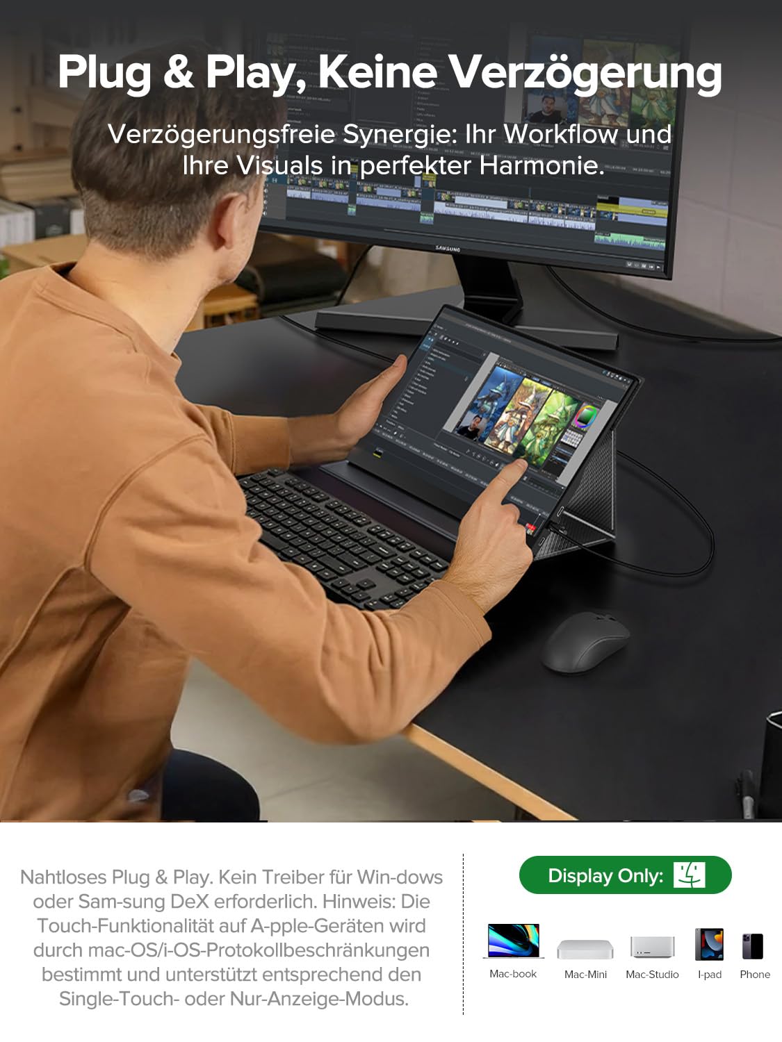 UPERFECT Portable Monitor Touchscreen 15.6" 125% sRGB Tragbarer Monitor Matt FHD 2000:1 Kontrastverhältnis Multifunktionale Ledertasche & Kompatibel VESA, Dual USB C für Laptop/Phone/Spielkonsole