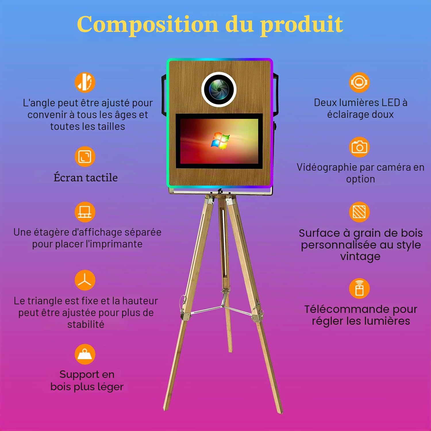 Appareil photo portable avec écran tactile de 39,6 cm (15,6 pouces), cabine photo à selfie, appareil photo reflex numérique pour mariages, fêtes, événements, (grain de bois, avec imprimante)