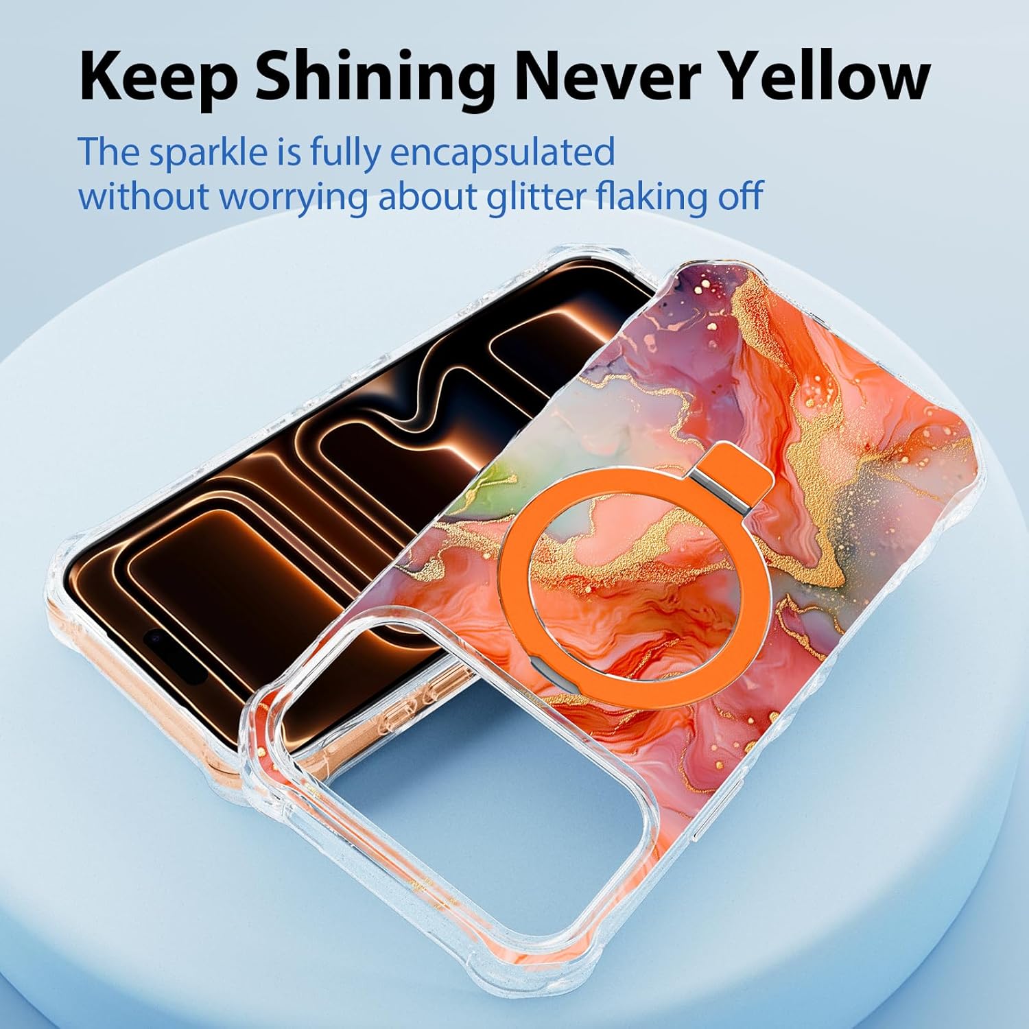 Magnetic for iPhone 17 Pro Max Case with Invisible Stand, Compatible with MagSafe, Clear Bling Sparkle Shockproof Slim Anti-Slip Military Drop Protection Hard Phone Case 6.9" Orange