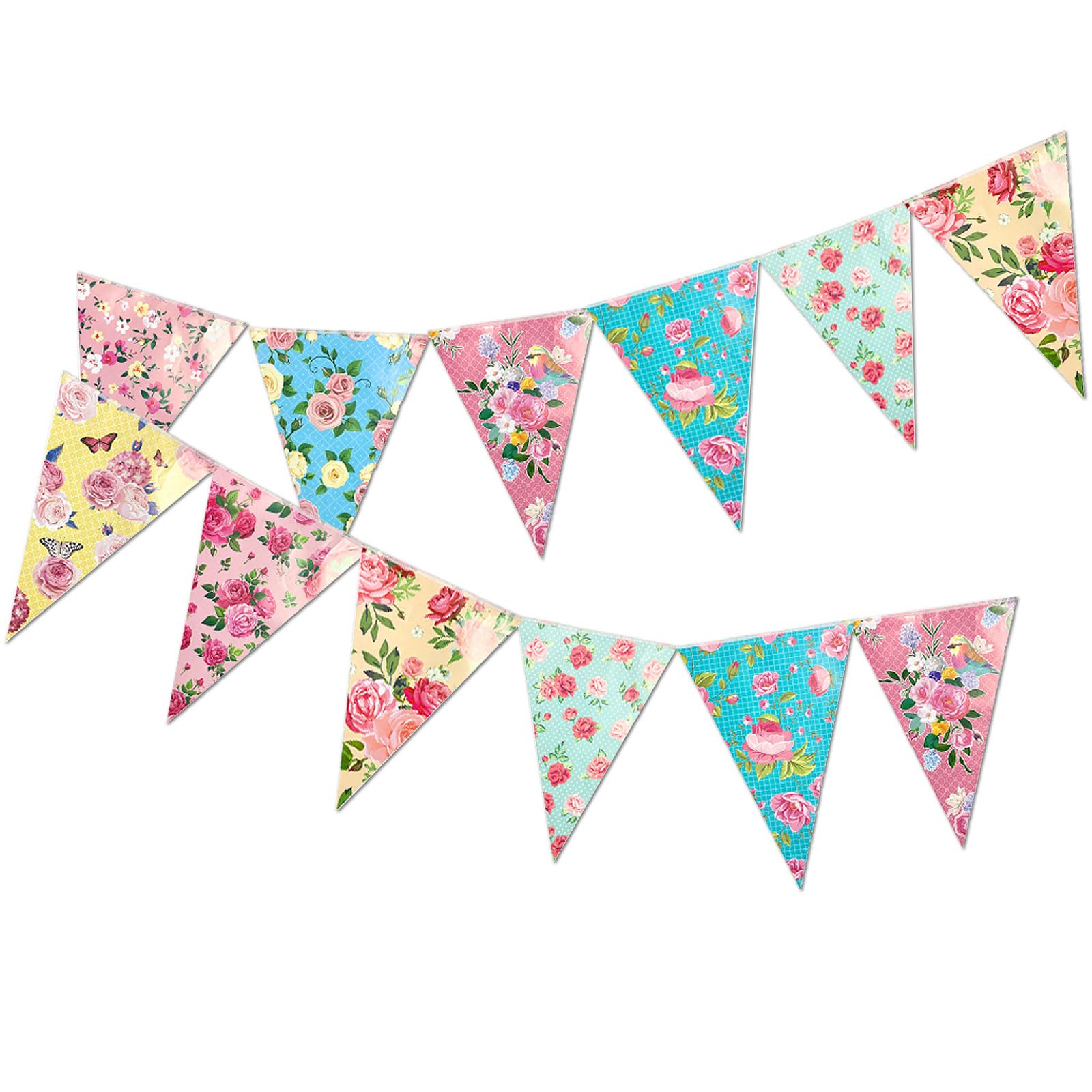 Floral Bunting Banner, 2.5 m Floral Vintage Triangle Flag for Tea Party Decoration, Elegant Flower Banner for Home Garden Mothers Day Afternoon Tea Birthday Party Wedding Party Decoration
