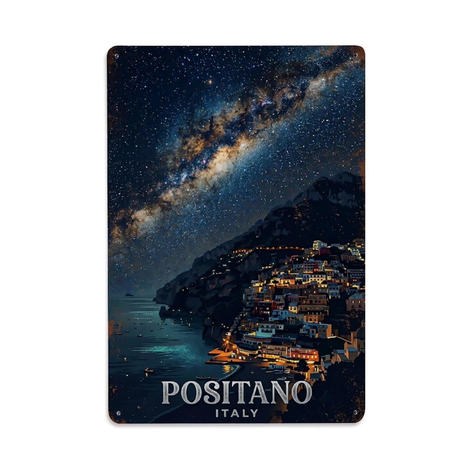 Huiyhb 8X12inch(20X30cm) Vintage Travel Positano Italy Starry Night Skies Metal Tin Sign