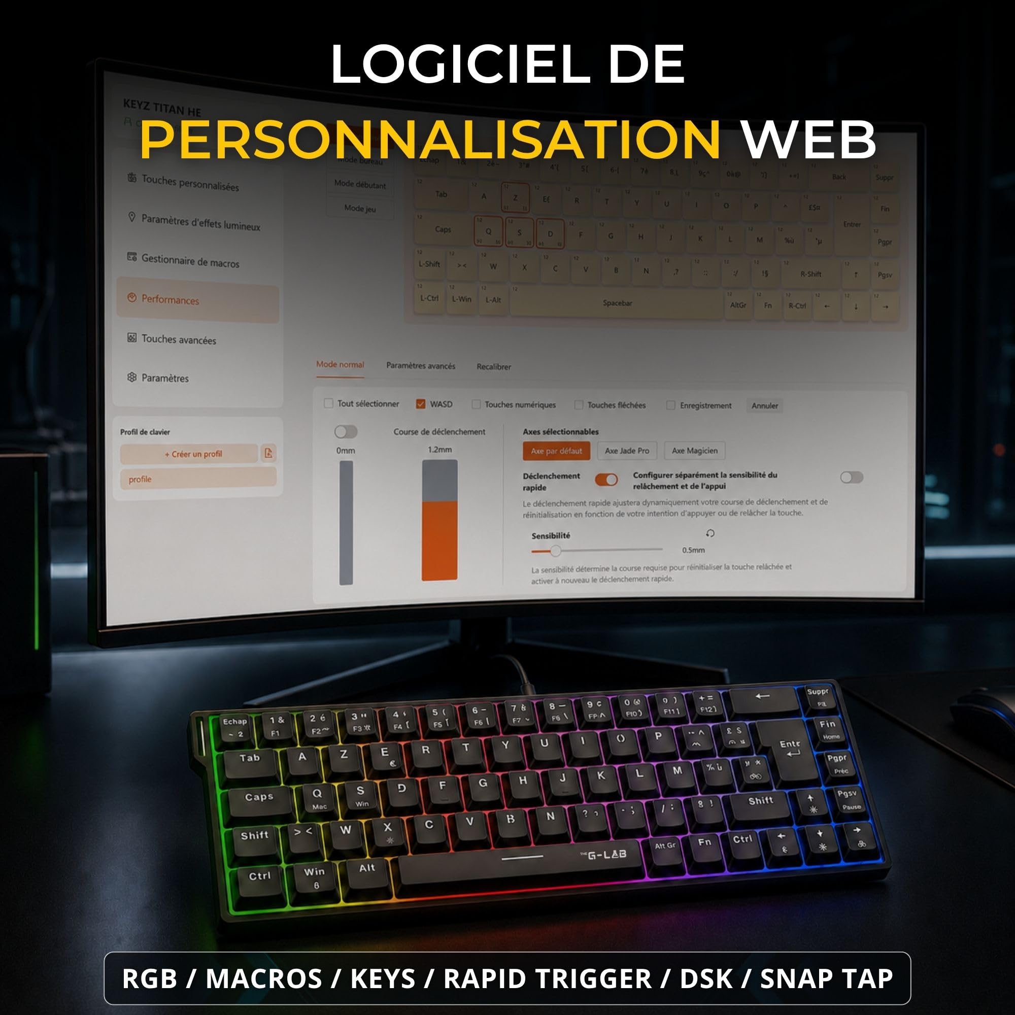 The G-Lab Keyz Titanium HE - Clavier Gamer Magnétique 65% Hot Swap | AZERTY FR, Switch Magnétique Hall Effect, Format 65%, Hot Swap, RGB, Compatible PC/PS4/PS5/Xbox