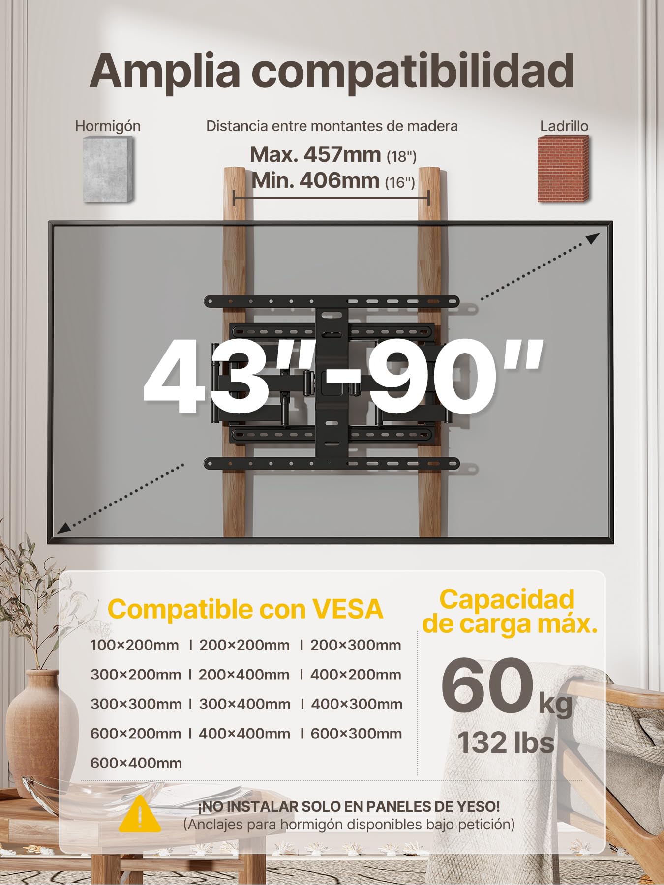 monTEK Ultra Slim TV Soporte de Pared Orientable para Televisores de 43-90 Pulgadas, Soporte de TV de 1,1" de Grosor Completamente Movible, Doble Orientación, Máx. VESA 600x400 mm, Hasta ~60 kg