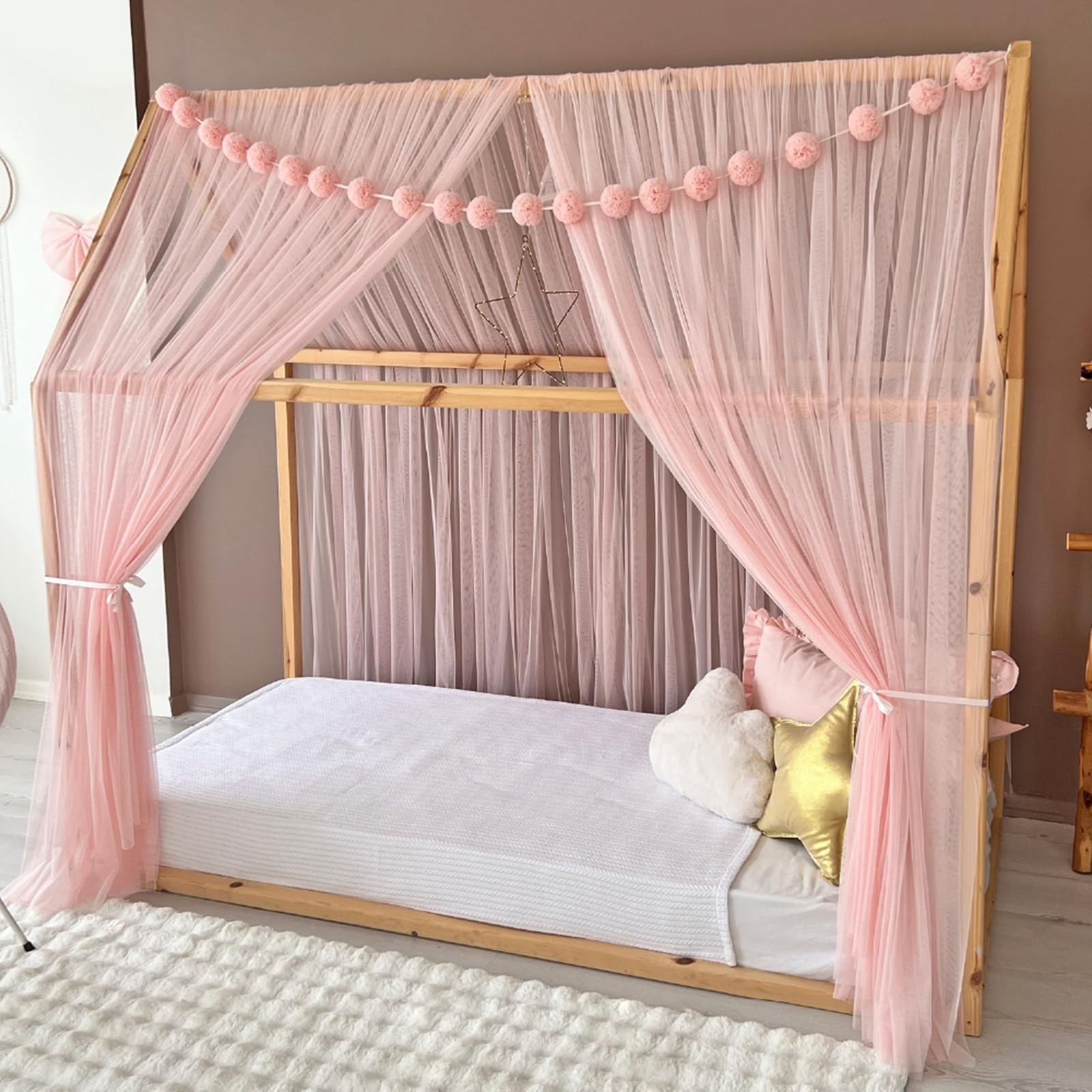 Toldo de cama estilo princesa para niñas, decoración de habitación de niños para camas Montessori, regalo de tul suave para niños pequeños (rosa bebé, 300 cm, sin accesorios)