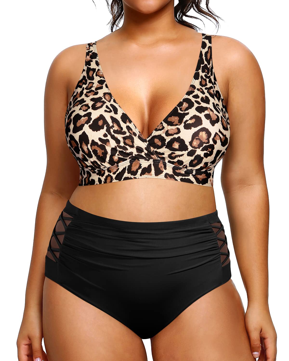Yonique Womens Plus Size Bikini High Waisted Swimsuits Two Piece Bathing Suits Tummy Control Swimwear Leopard and Black 14Plus