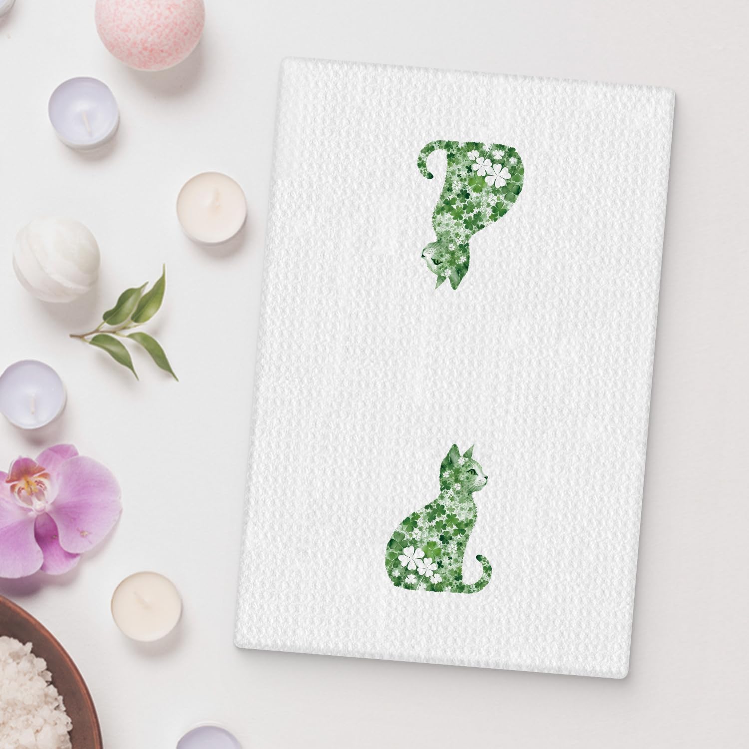 St Patrick's Day Cat Kitchen Towel, Four Leaf Clover St Patrick's Day Hand Towel, Lucky Shamrock St Patricks Day Cat Dish Towel, St Patrick's Day Kitchen Bathroom Decor, 16x24 Inch - Image 2