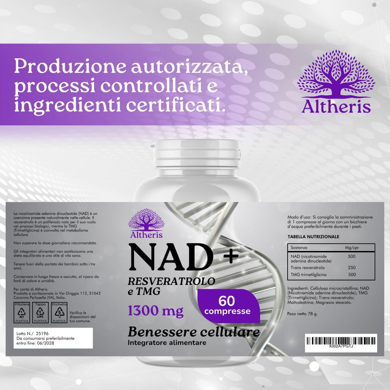 NAD+ Puro 1000mg con Trans Resveratrolo e Trimetilglicina 60 Compresse - Integratore Nicotinamide per Supporto Cellulare ed Energetico