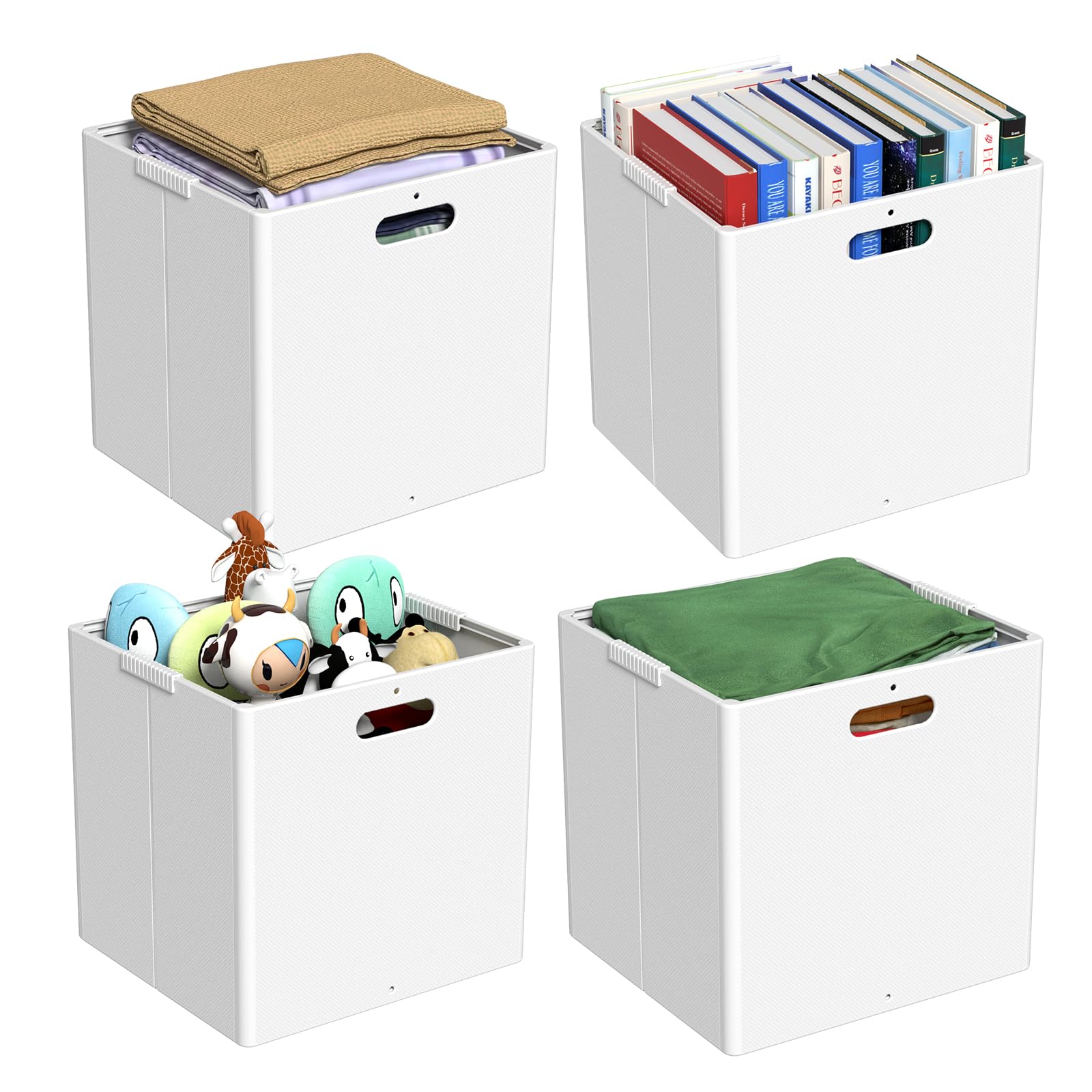 Vadidiya 4-Packs Foldable Plastic Storage Cubes Boxes with Handle, White