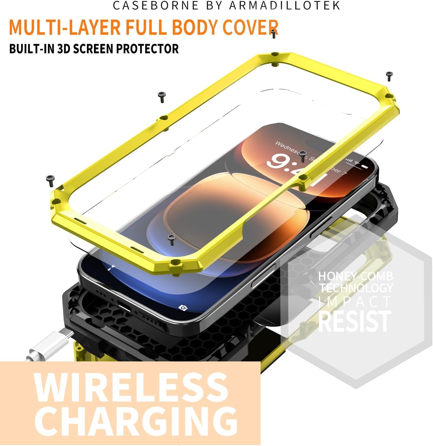 Compatible with iPhone 16 Metal Heavy Duty Case with Camera Cover Stand Screen Protector Kickstand Full Body Military Sturdy Armour Armor Shockproof Dorp Test Protective Case (Yellow)