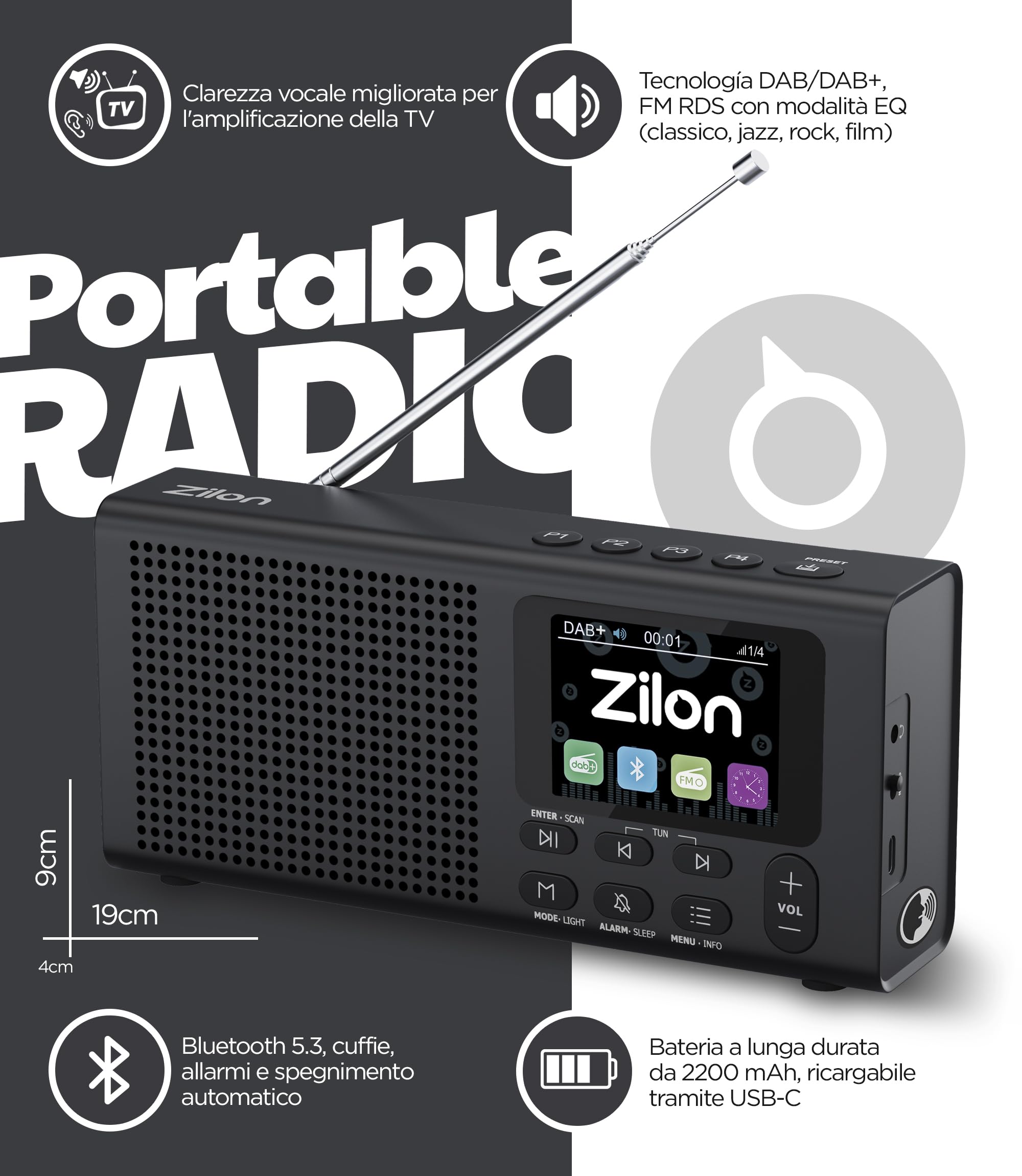 ZILON Radio Portable Dab+ FM Numérique Petite Bluetooth Rechargeable avec Batterie 2200 mAh Haut-Parleur sans Fil Compact pour TV USB-C Écran LCD Couleur Cuisine Travail Camping Alarme Horloge ZILON Radio Portable Dab+ FM Numérique Petite Bluetooth Rechargeable avec Batterie 2200 mAh Haut-Parleur sans Fil Compact pour TV USB-C Écran LCD Couleur Cuisine Travail Camping Alarme Horloge