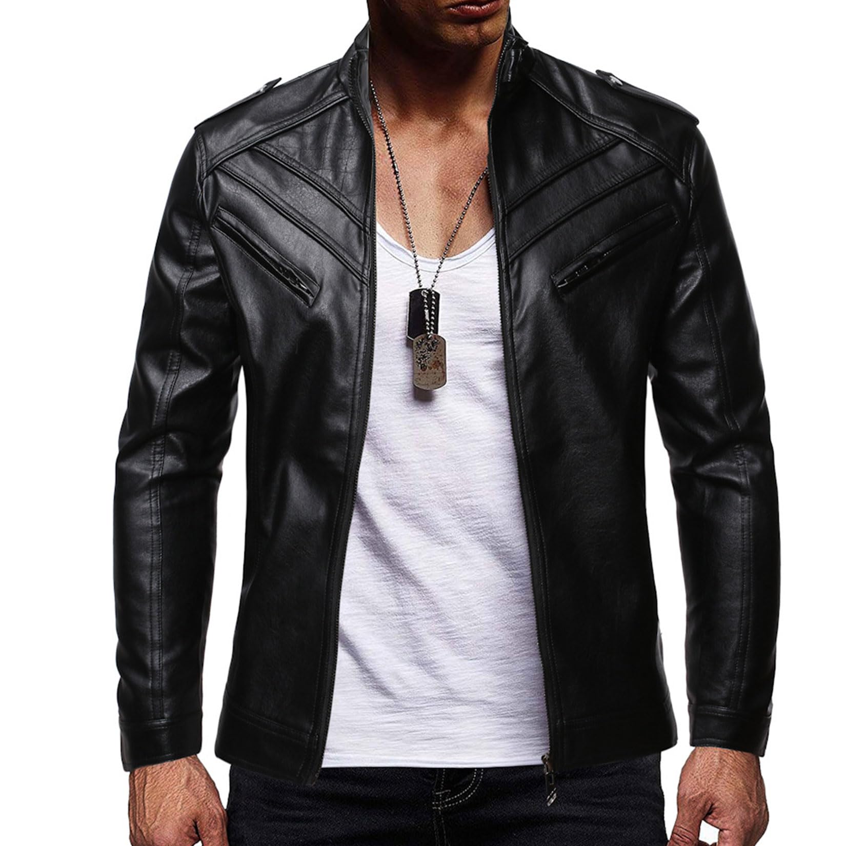Chaqueta de Cuero sintético para Hombre, Cuello Alto, Chaqueta Cortavientos de Cuero PU para Motocicleta, Chaqueta Estilo Motero Informal Ajustada Inteligente