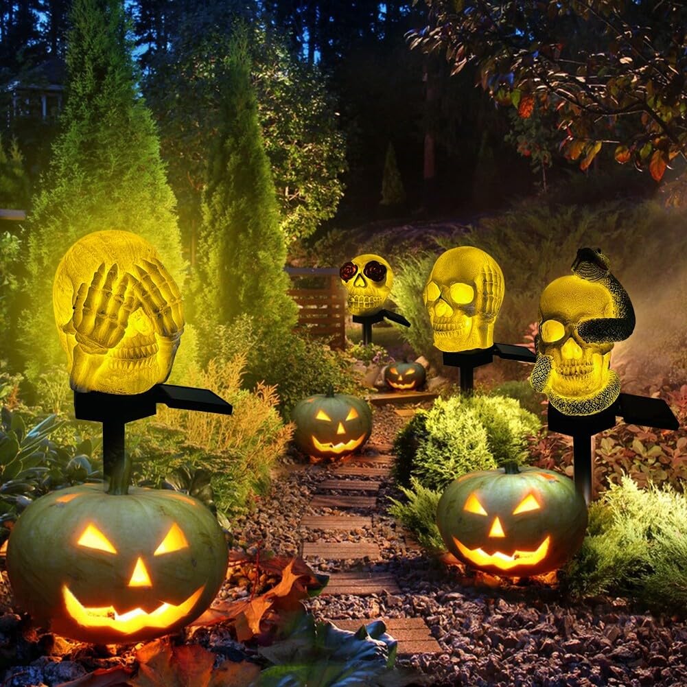 5 Lampes Solaires Tête De Mort Pour Extérieur - Éclairage Décoratif étanche, Jardin, Halloween