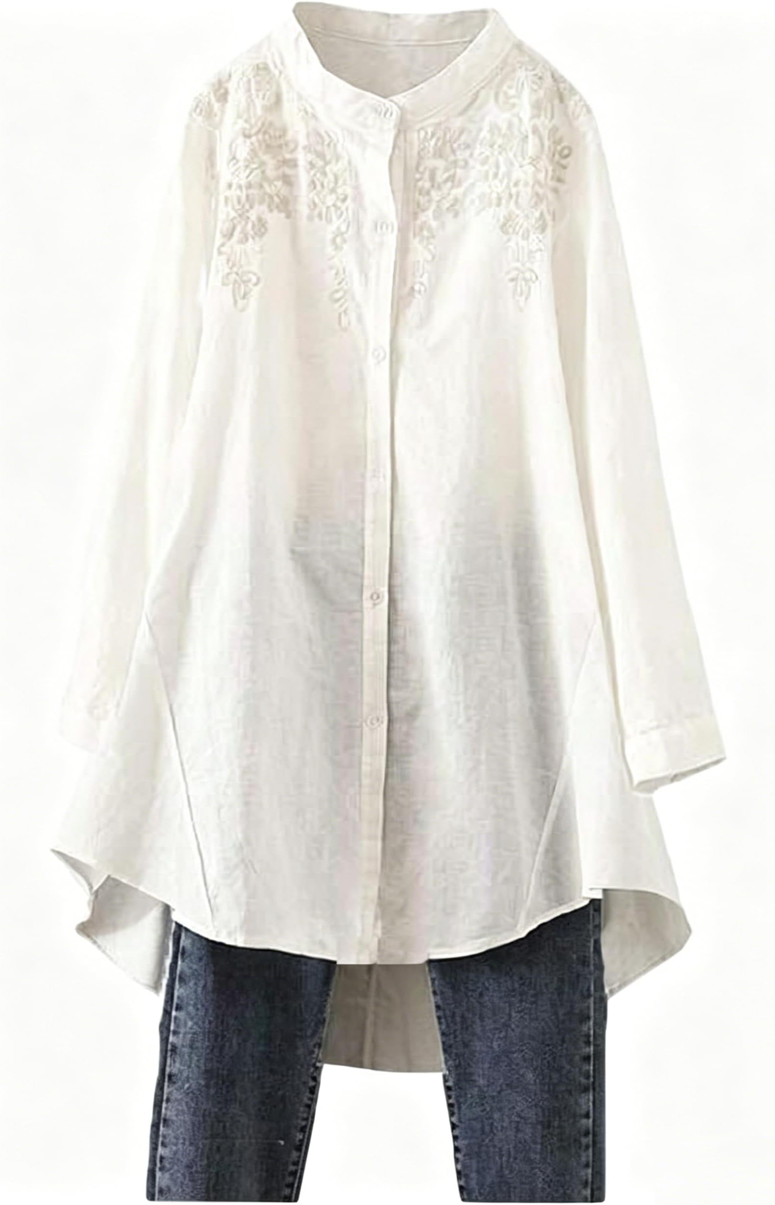 Women's Cotton Linen Shirt High Low Button Down Embroidered Blouse Long Sleeve Tunic Tops