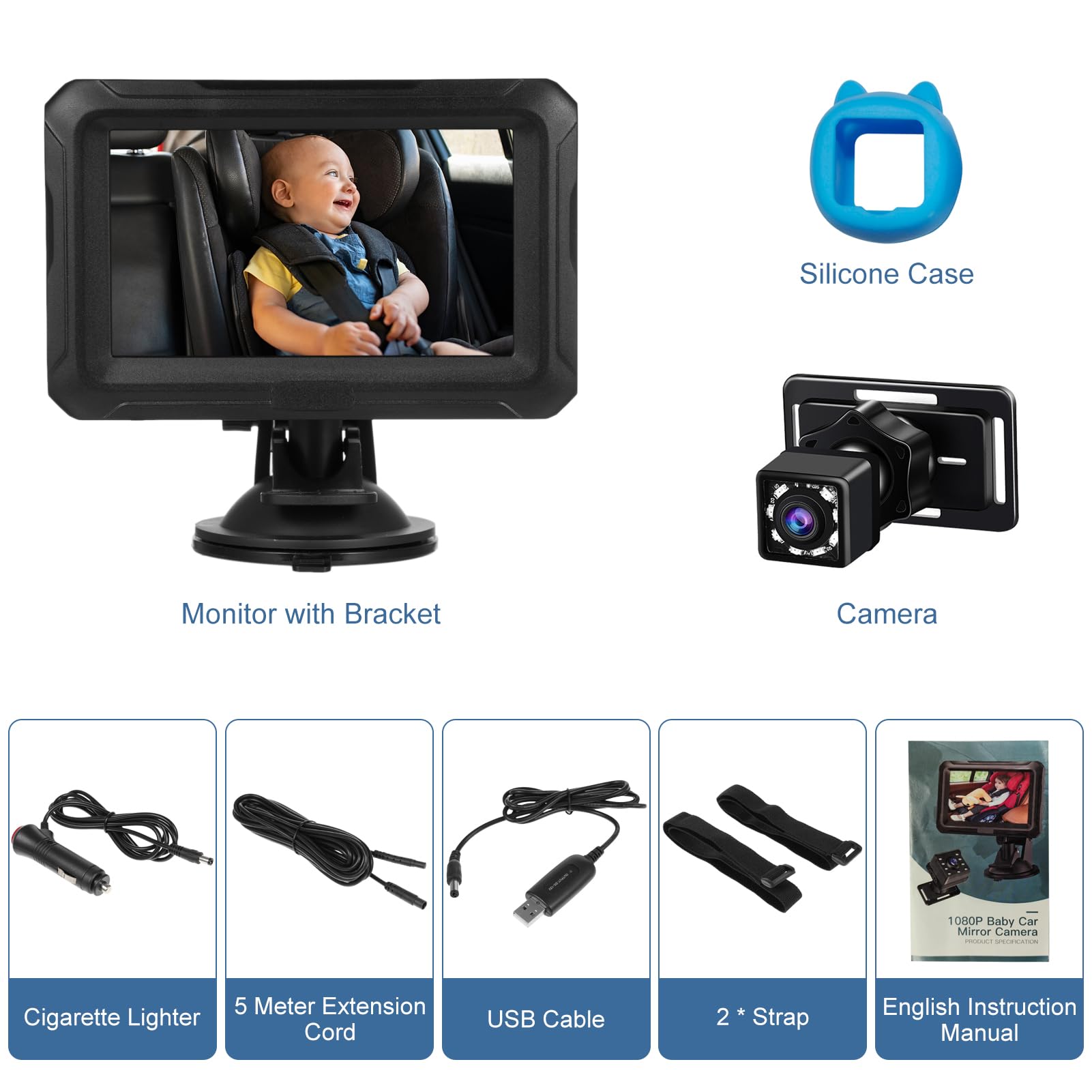 Cámara para Coche de Bebé HD 1080P, Espejo de Coche para Bebé HD de 4,3"con Cámara, Monitor de Enchufe USB con Visión Nocturna y Rotación de 360, Monitor Frontal para, Niños, Mascotas