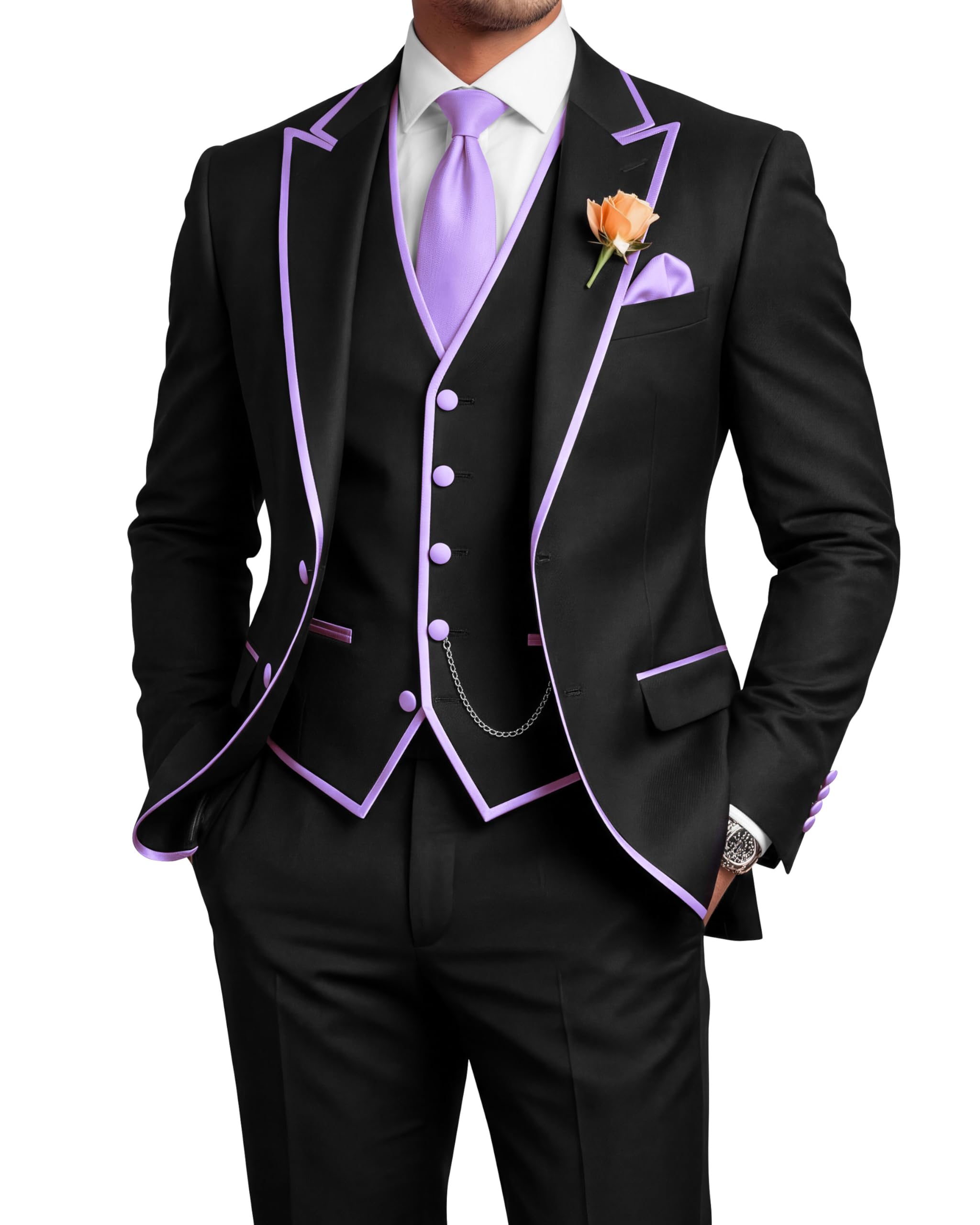 Men's 3 Piece Tuxedo for Men Slim Fit Black Wedding Suits for Groom Groomsman Prom Graduation Jacket Vest Pants