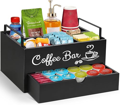 Organizador de accesorios de barra de café, organizador de estación de café de madera con asa, cesta de almacenamiento para tazas K, soportes para